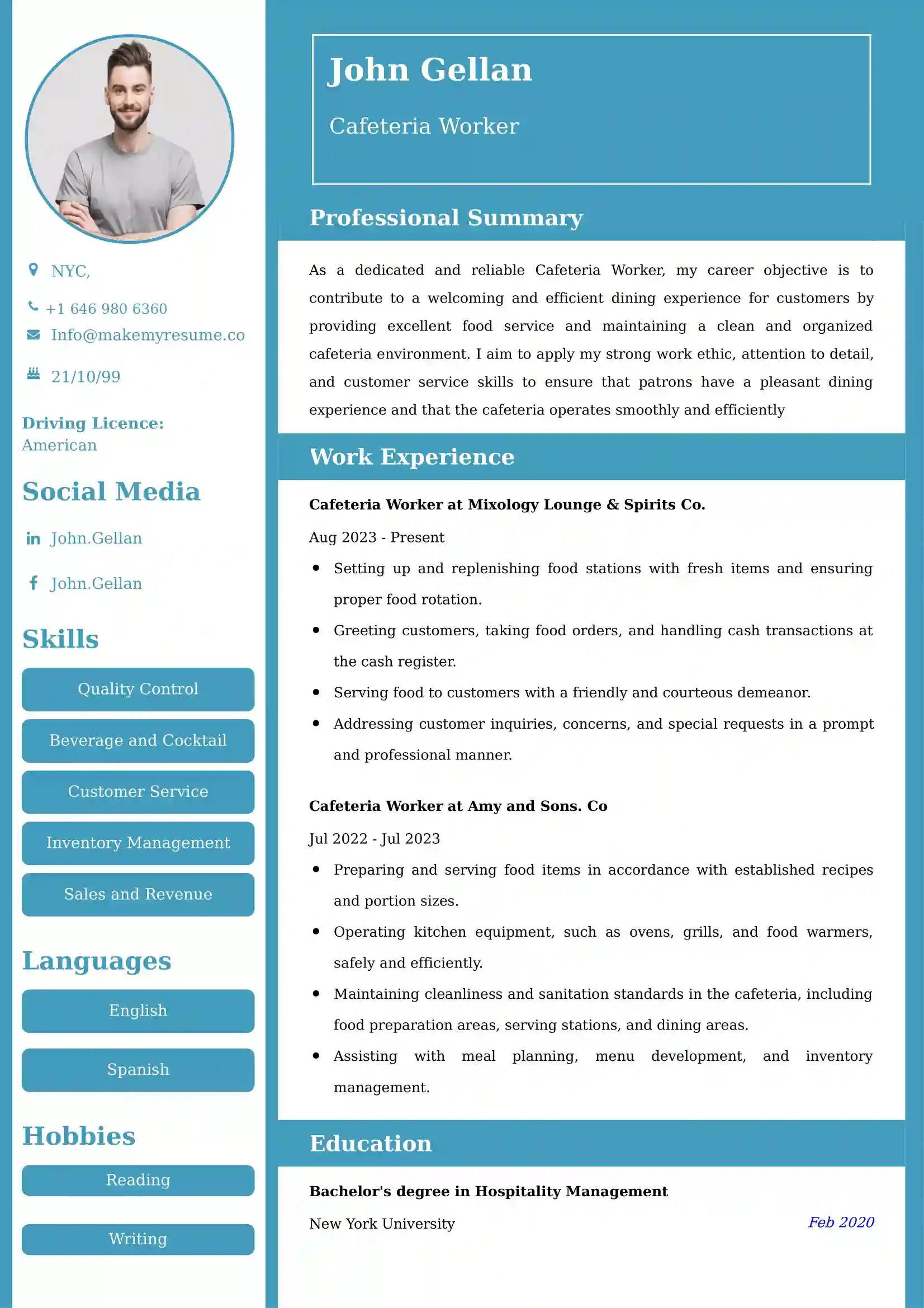 Cafeteria Worker CV Examples - US Format