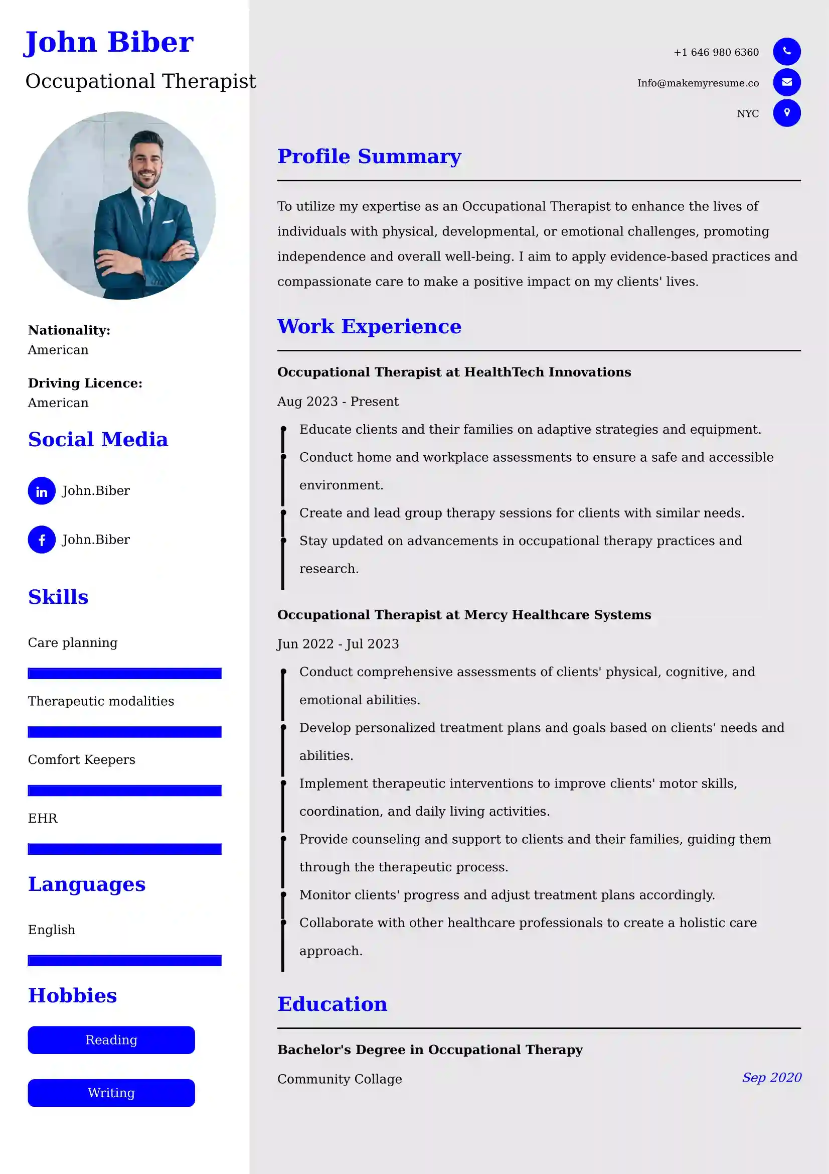 Occupational Therapist CV Examples - US Format