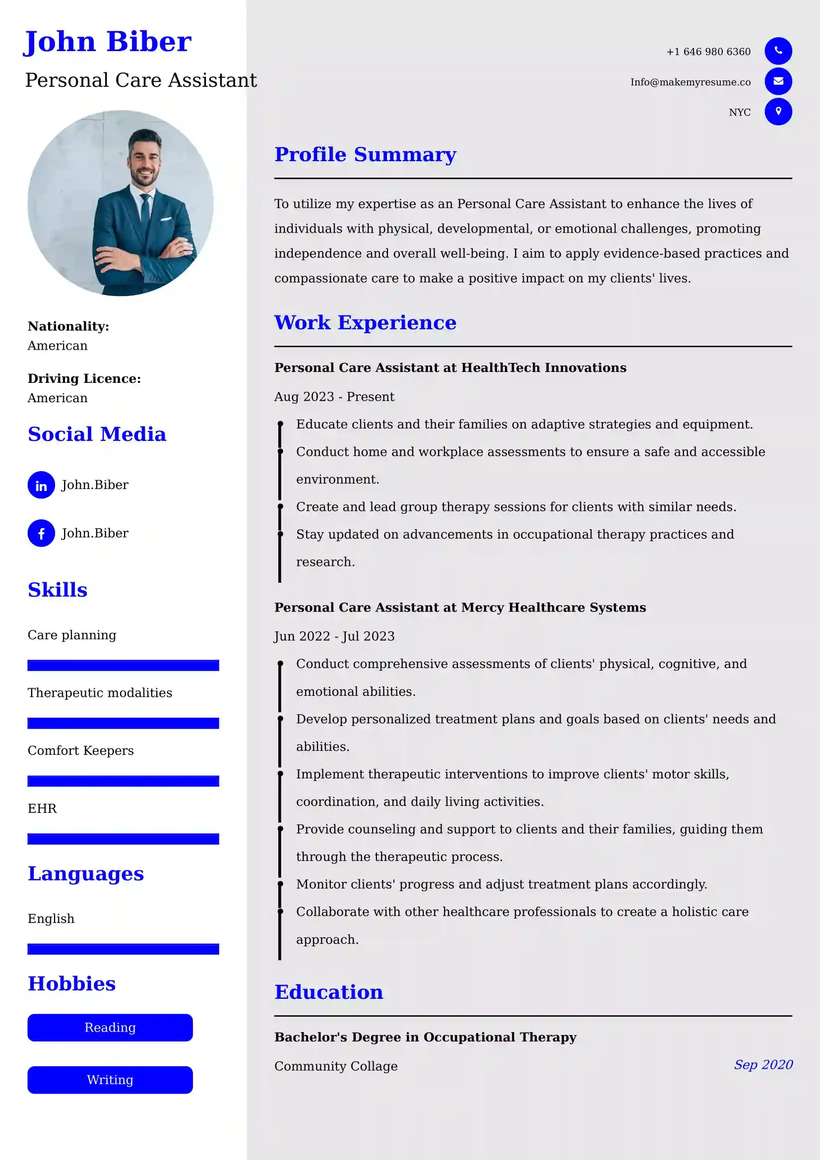 Personal Care Assistant CV Examples - US Format