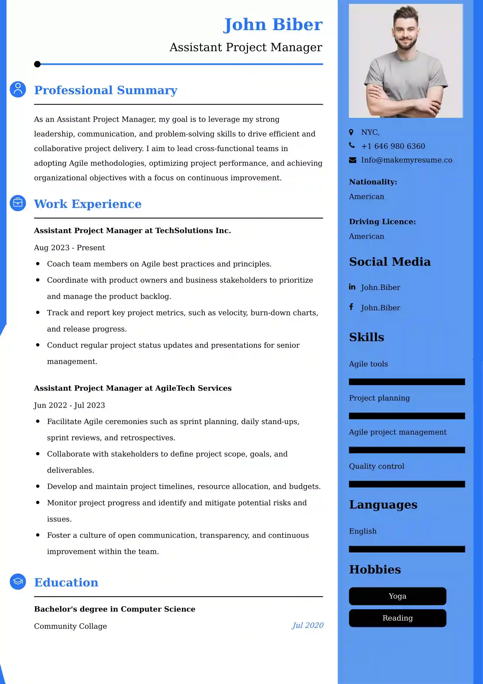 Assistant Project Manager CV Examples - US Format