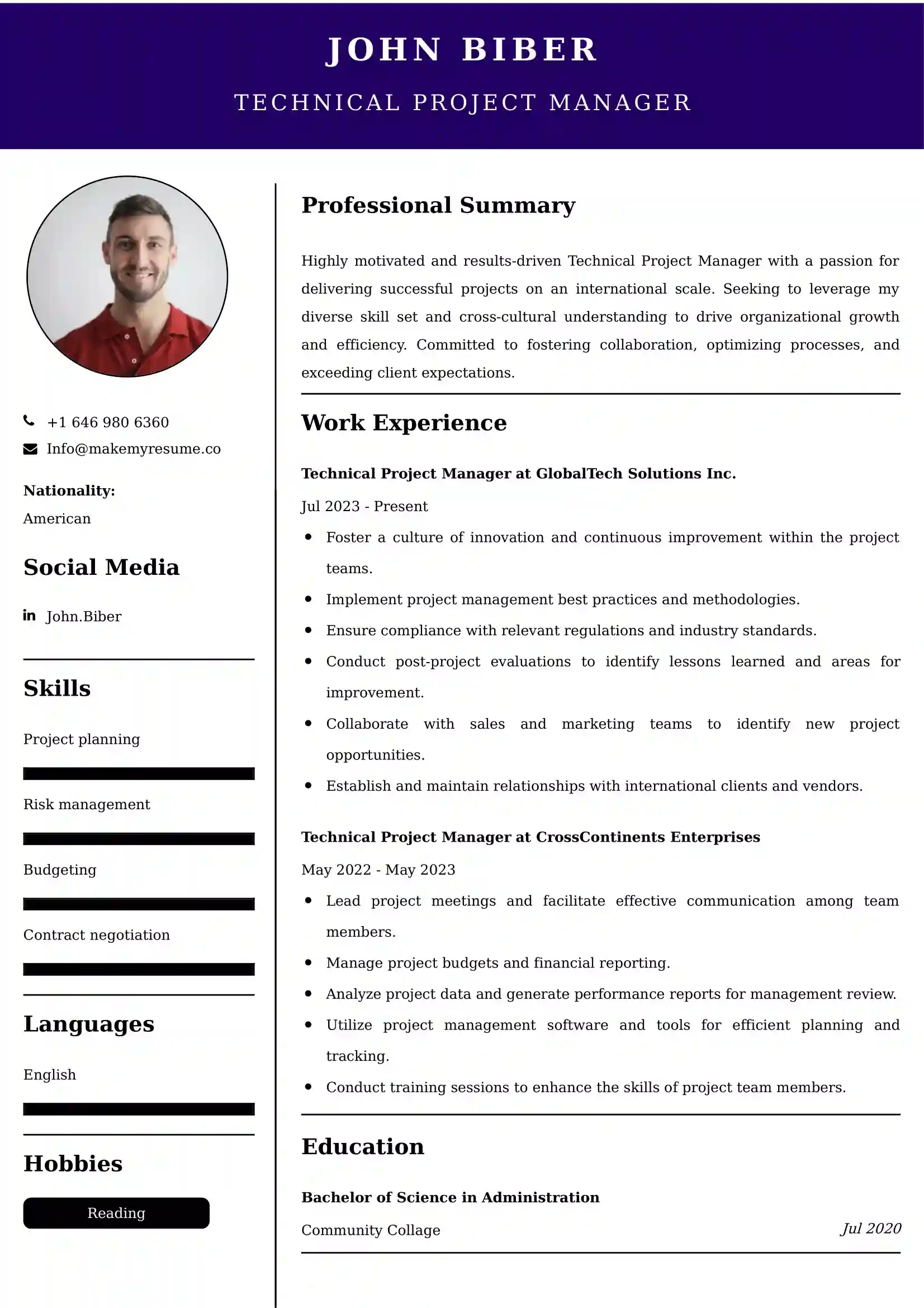 Technical Project Manager CV Examples - US Format