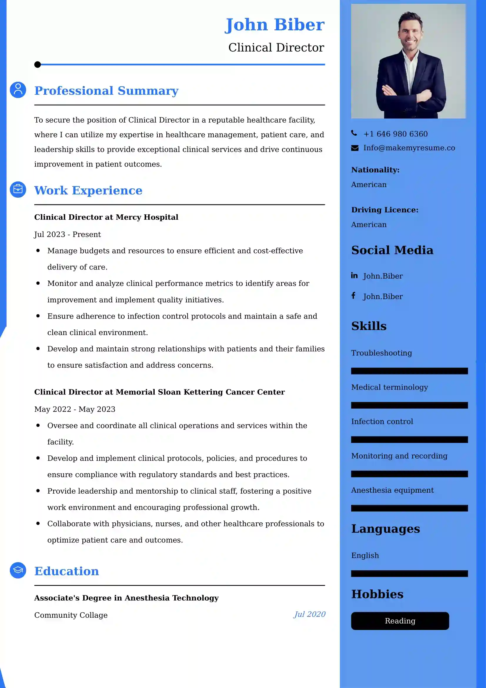Clinical Director CV Examples - US Format