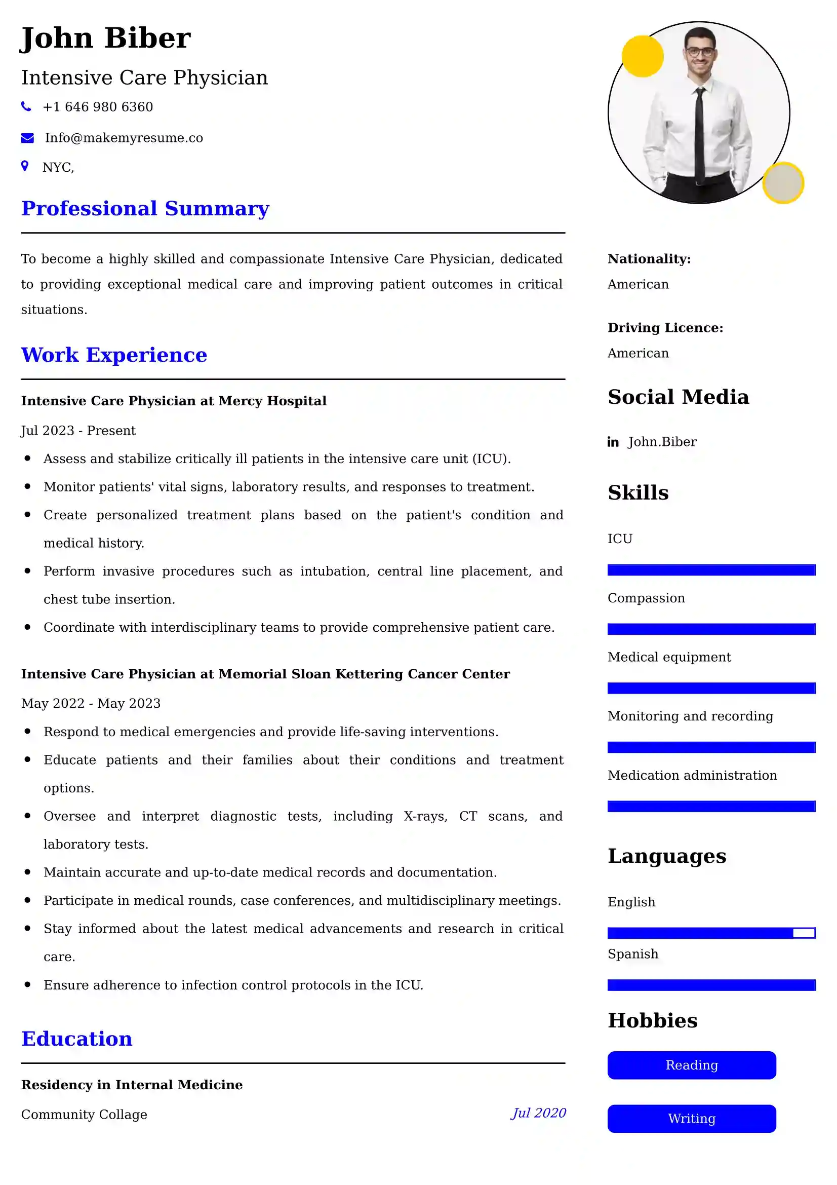 Intensive Care Physician CV Examples - US Format