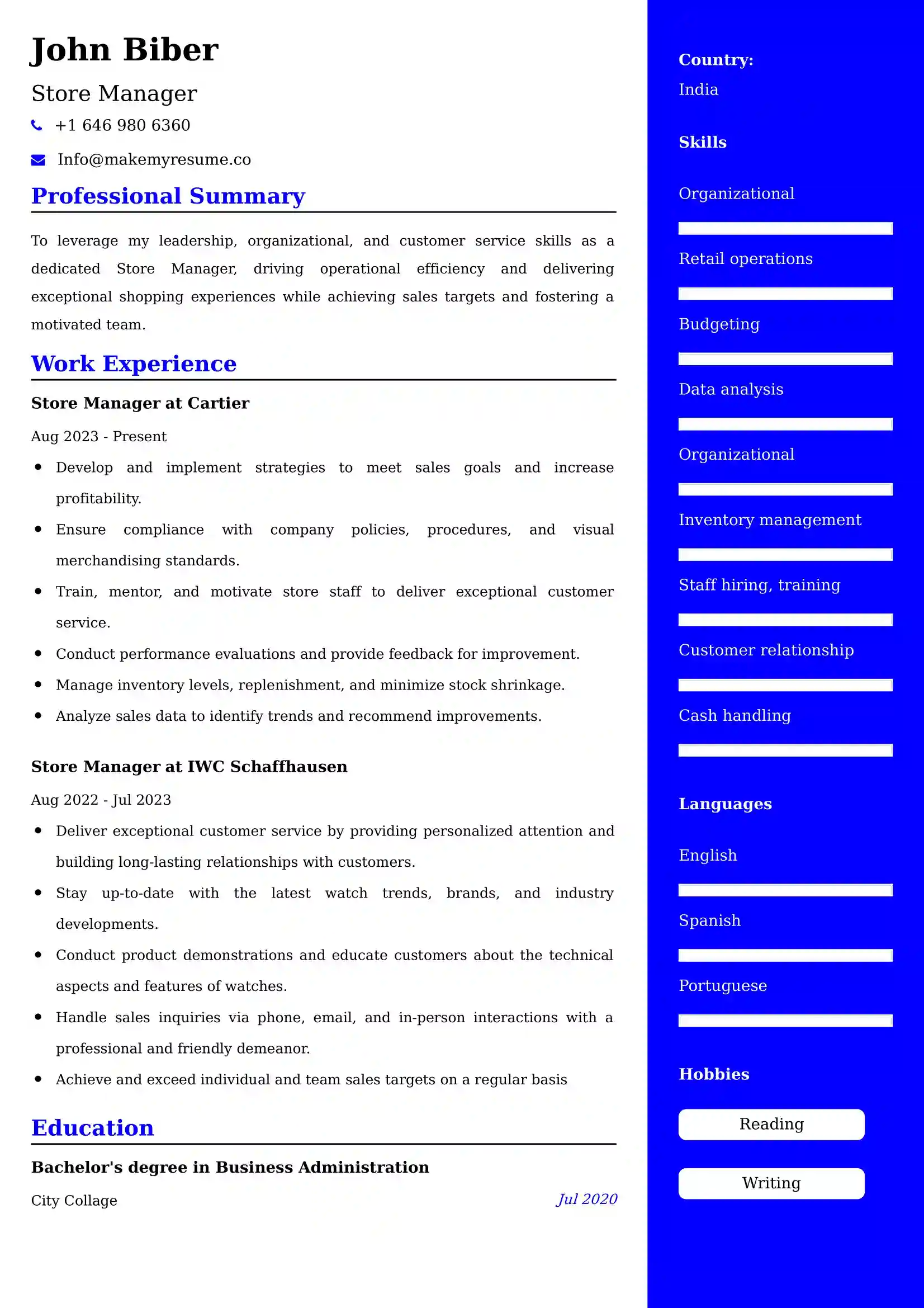 Store Manager CV Examples - US Format