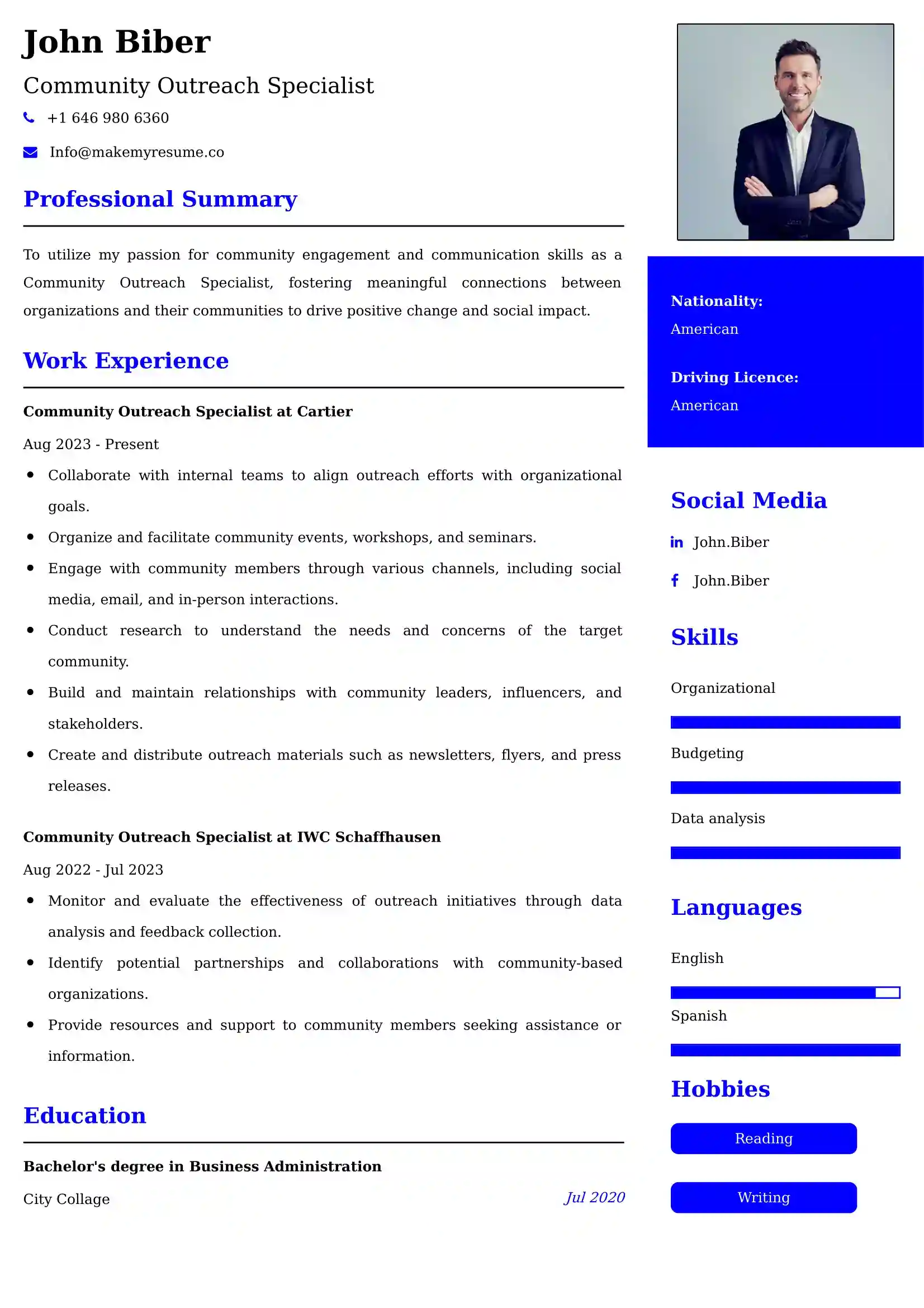 Community Outreach Specialist CV Examples - US Format