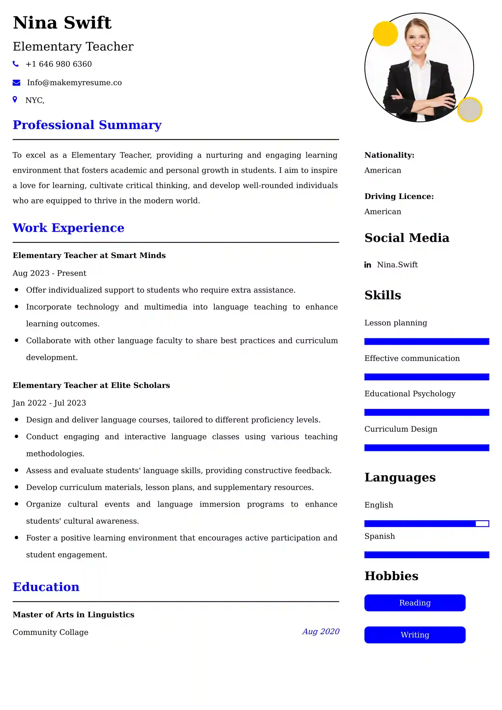 Elementary Teacher CV Examples - US Format
