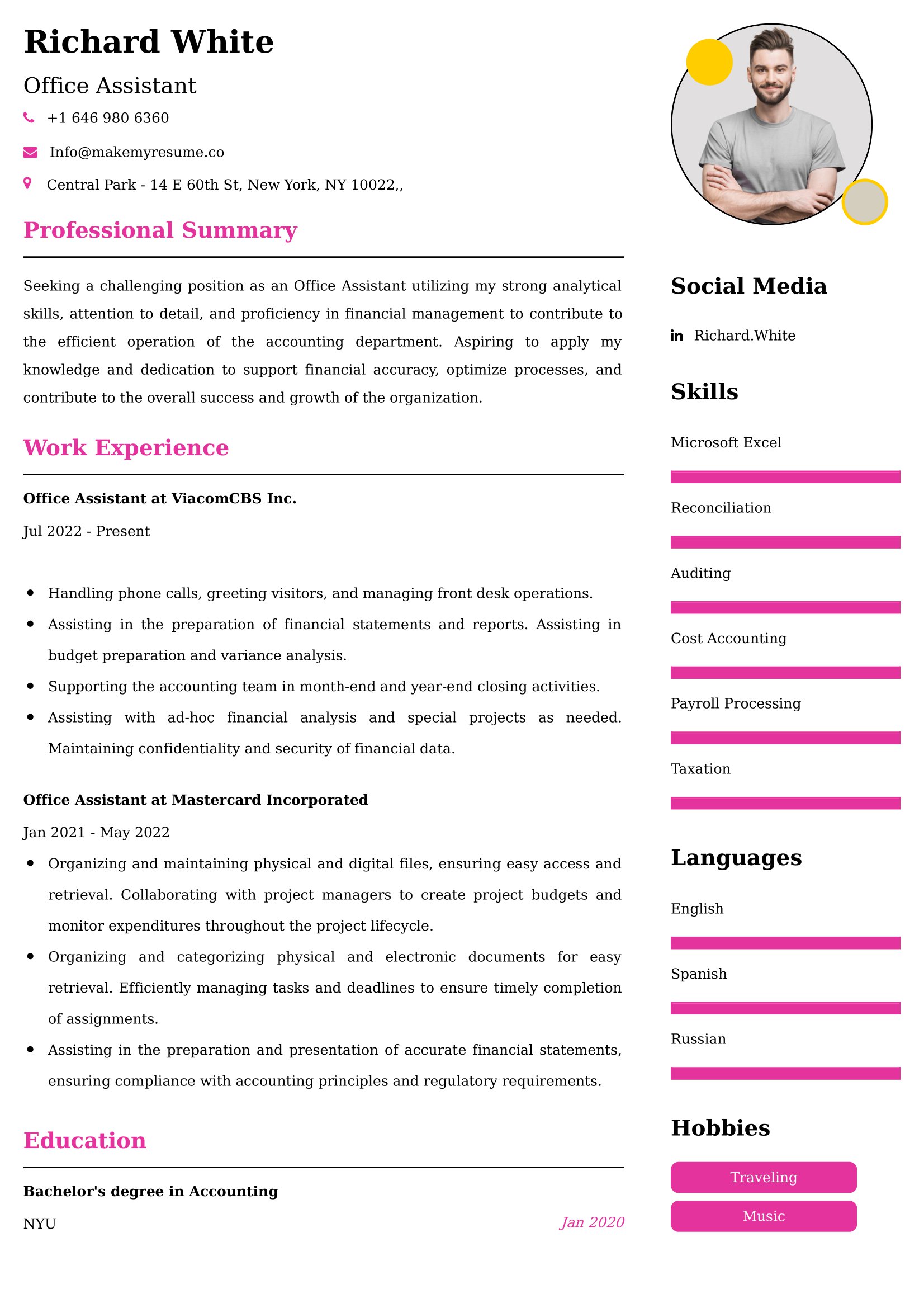 Office Assistant CV Examples - US Format