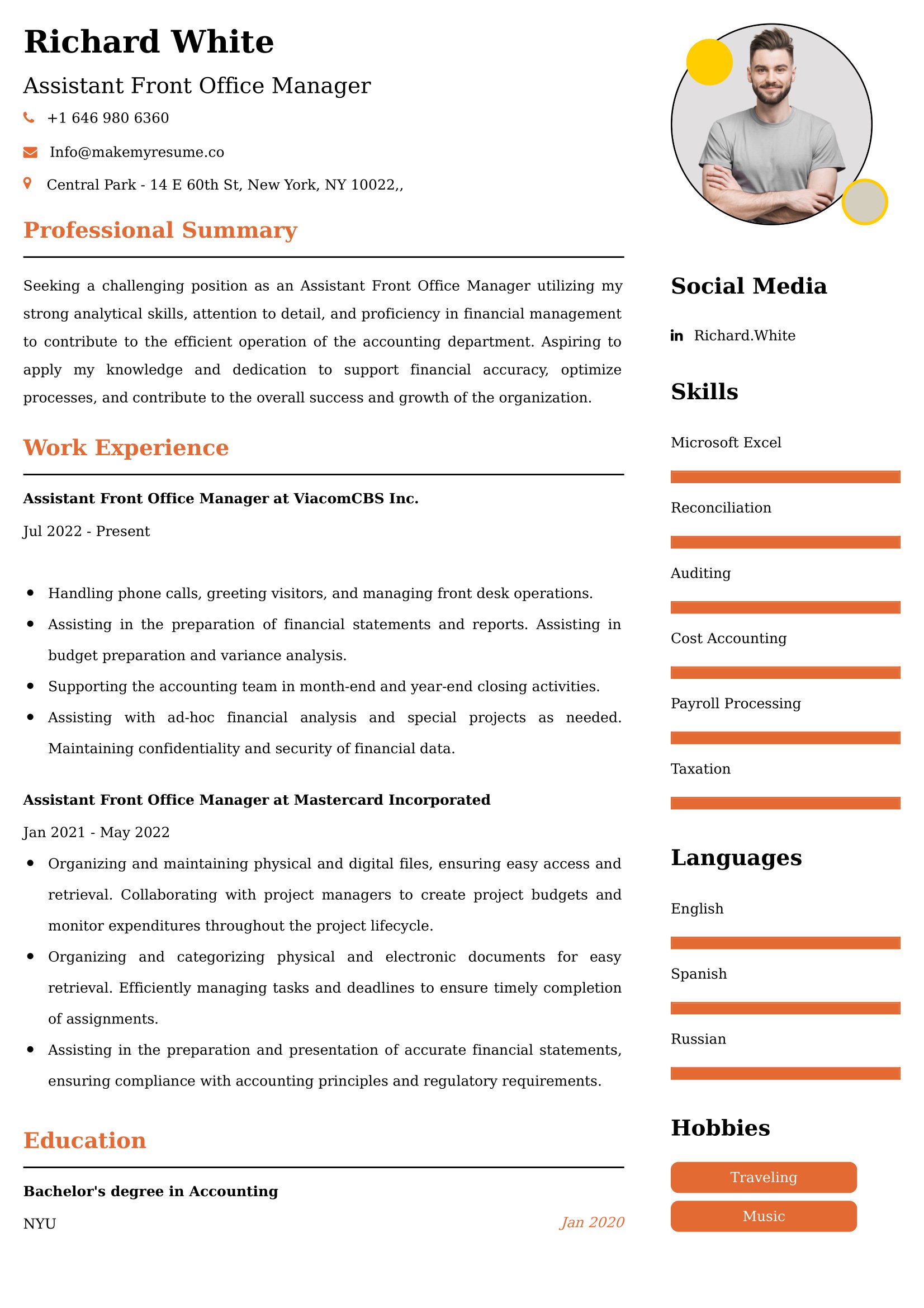 Assistant Front Office Manager CV Examples - US Format