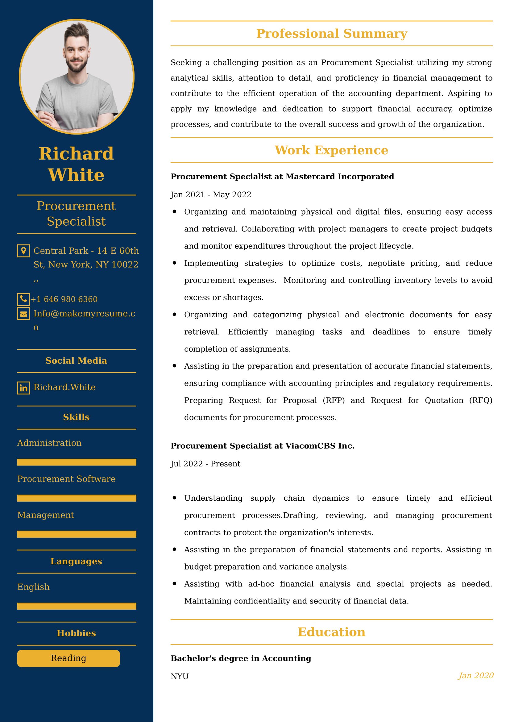 Procurement Specialist CV Examples - US Format