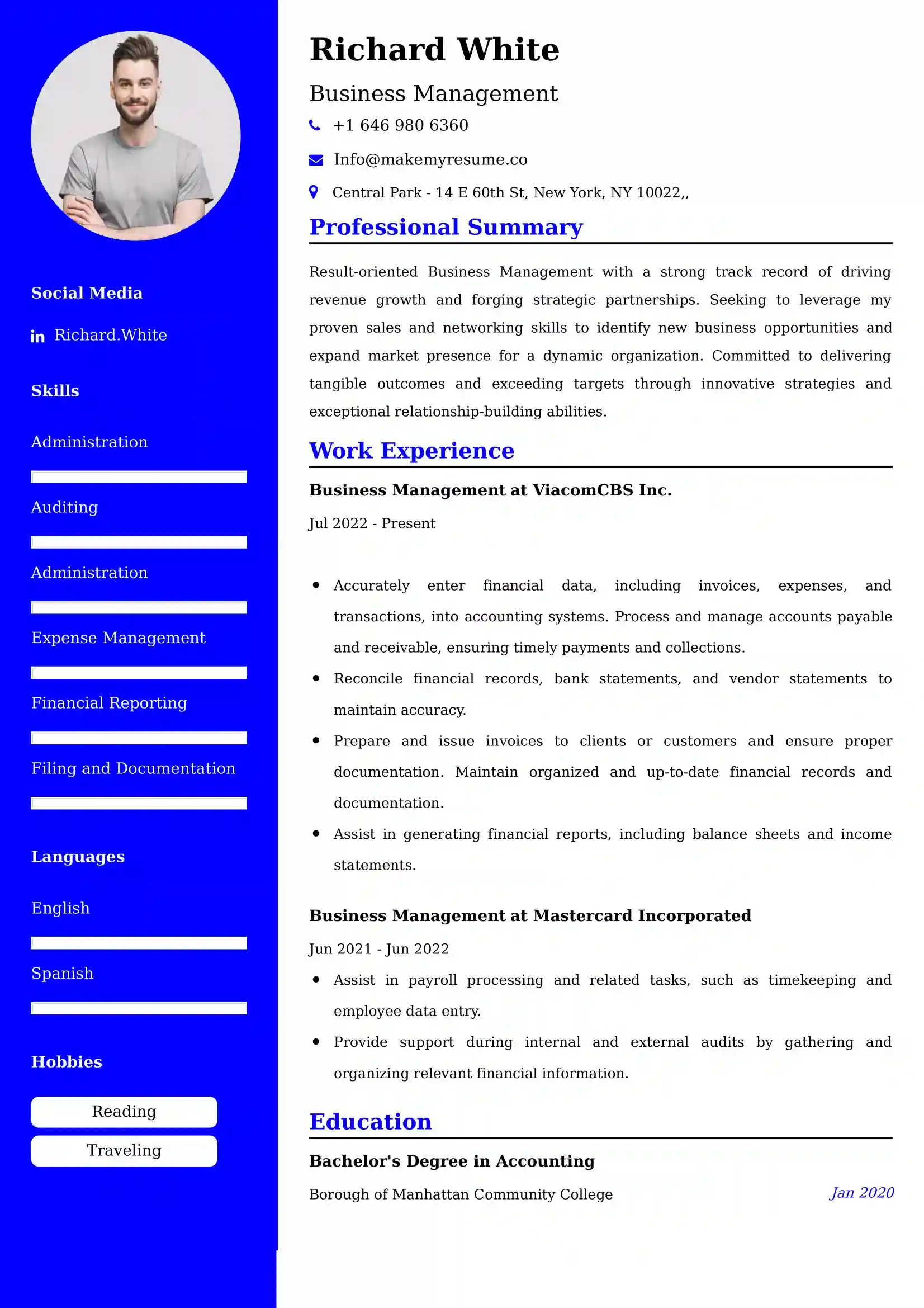 Business Management CV Examples - US Format