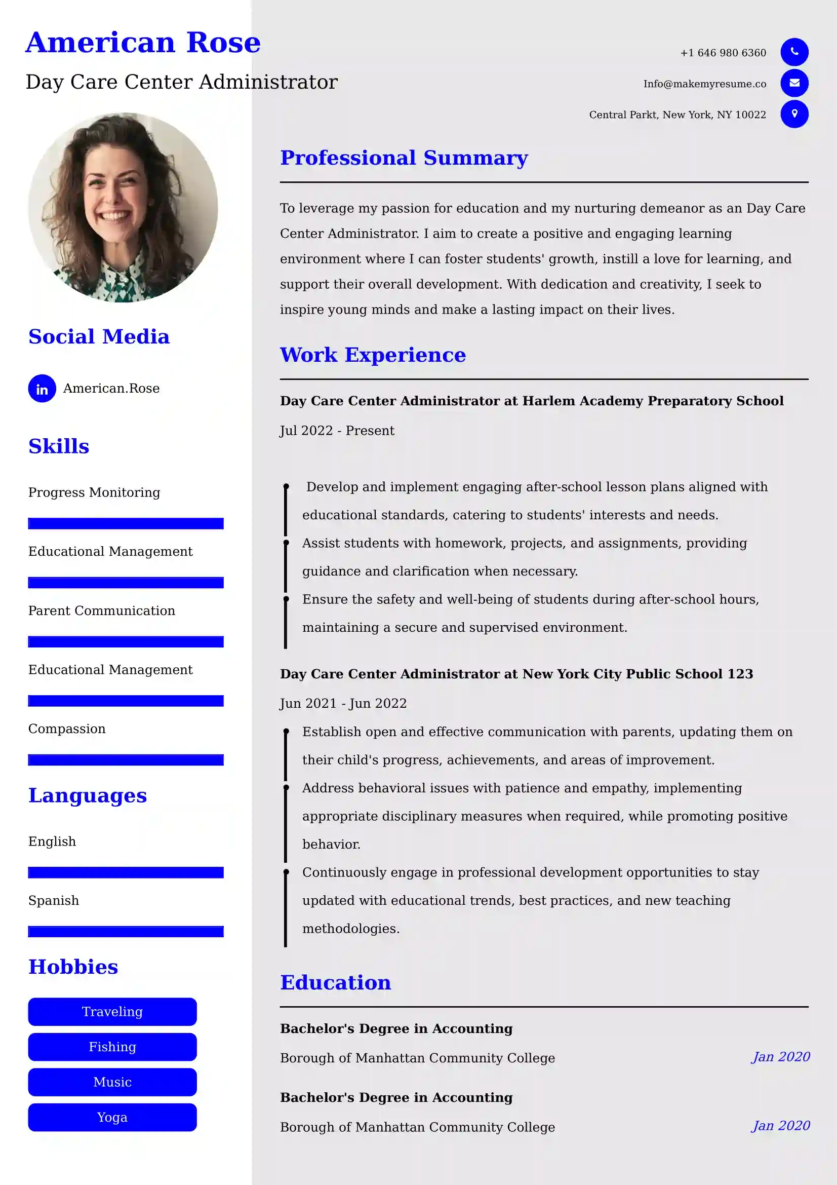 Day Care Center Administrator CV Examples - US Format