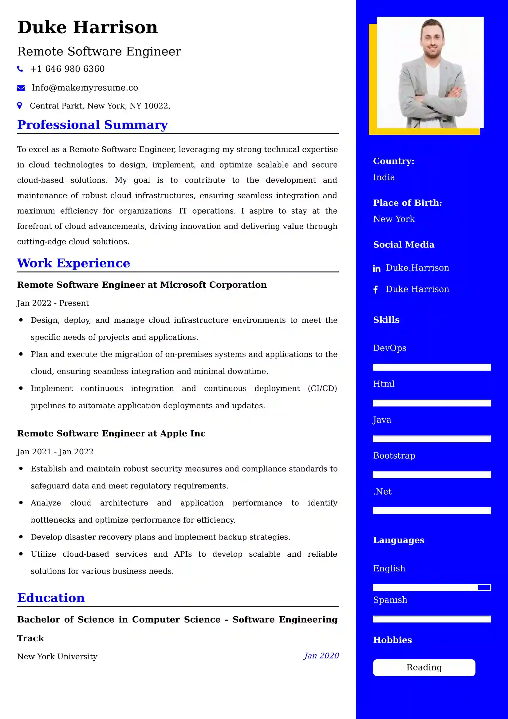 Remote Software Engineer CV Examples - US Format