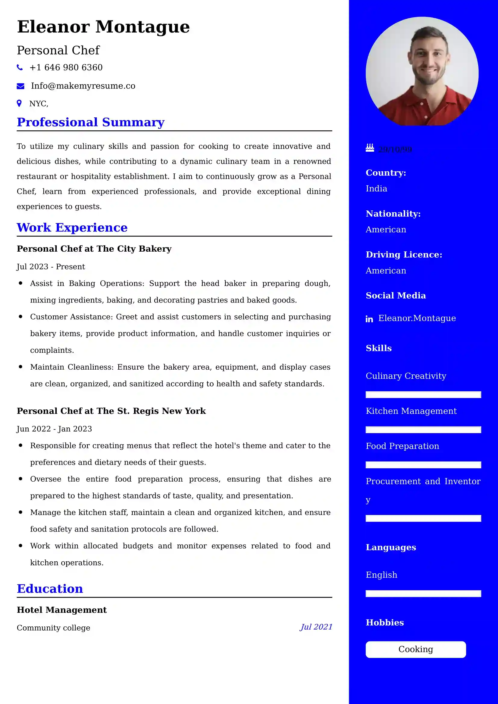 Personal Chef CV Examples - US Format