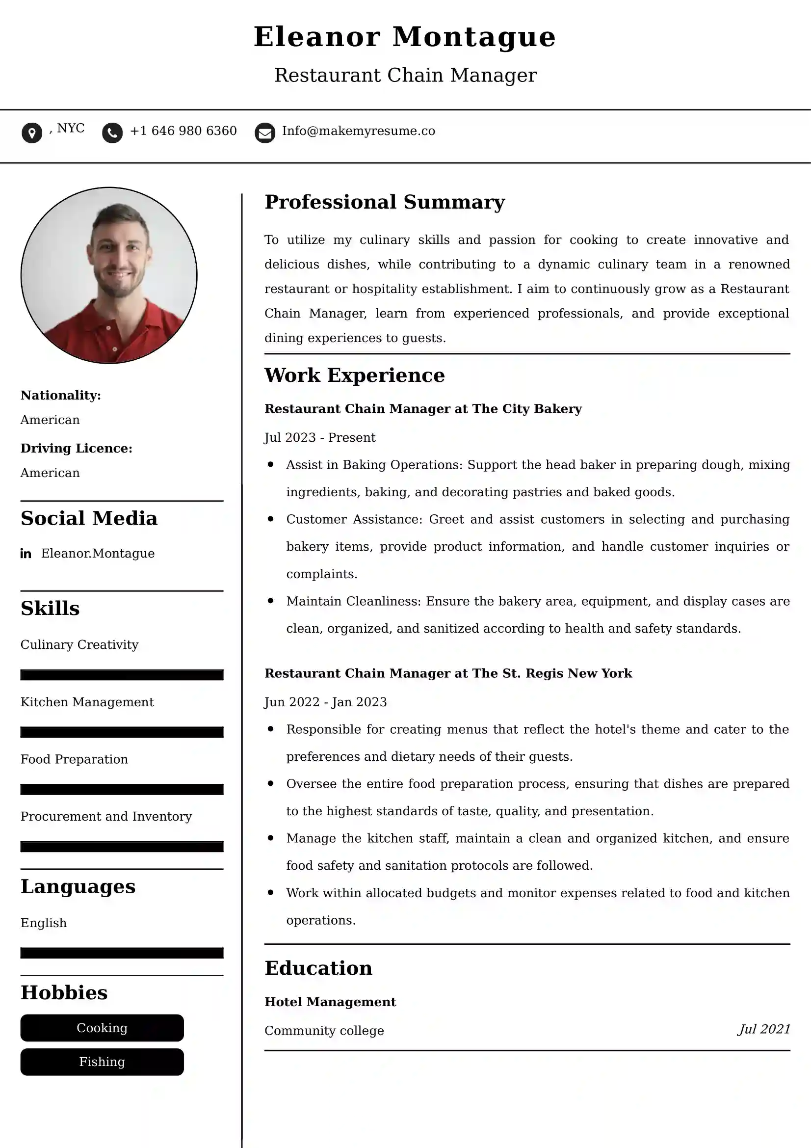 Restaurant Chain Manager CV Examples - US Format