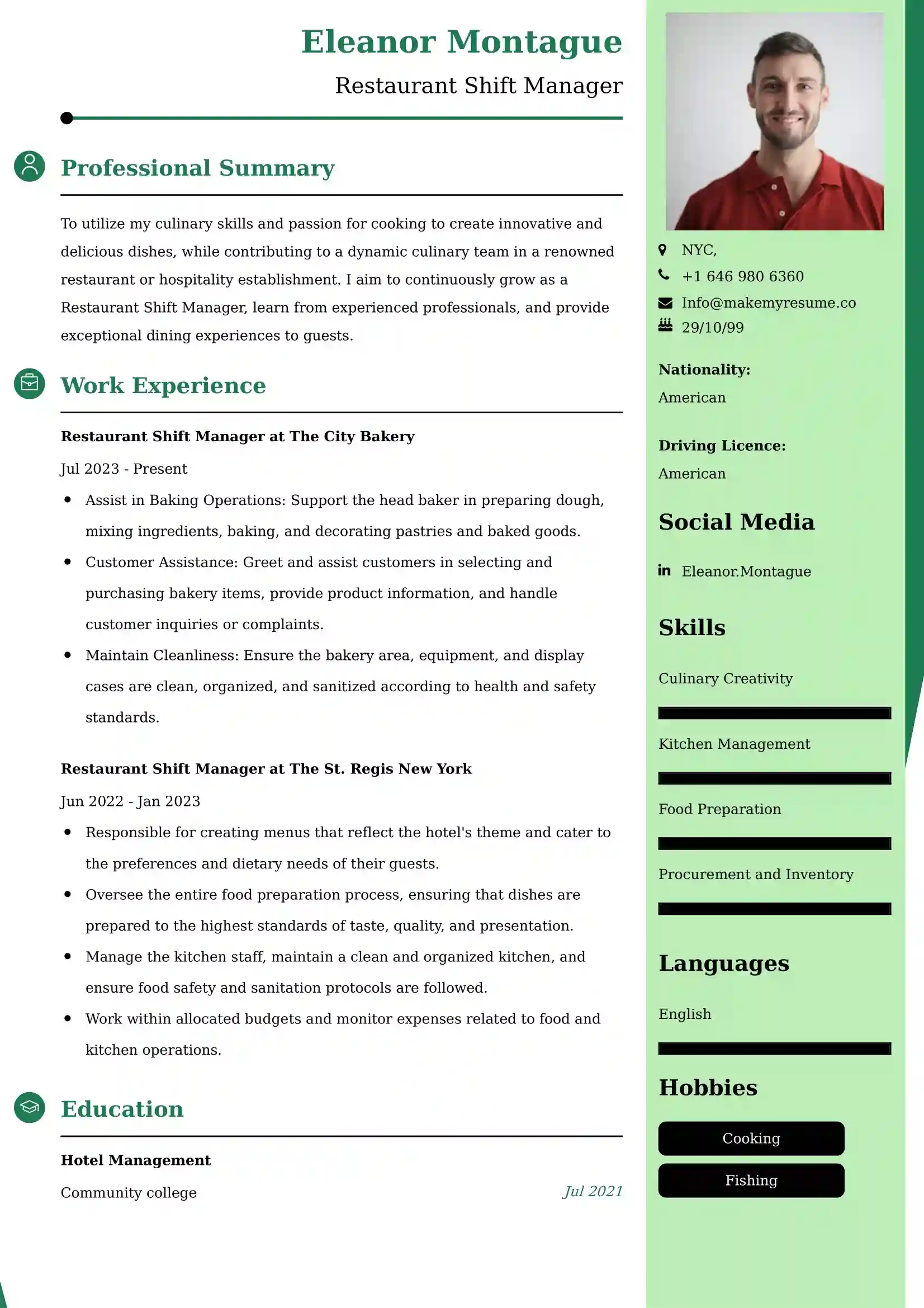 Restaurant Shift Manager CV Examples - US Format
