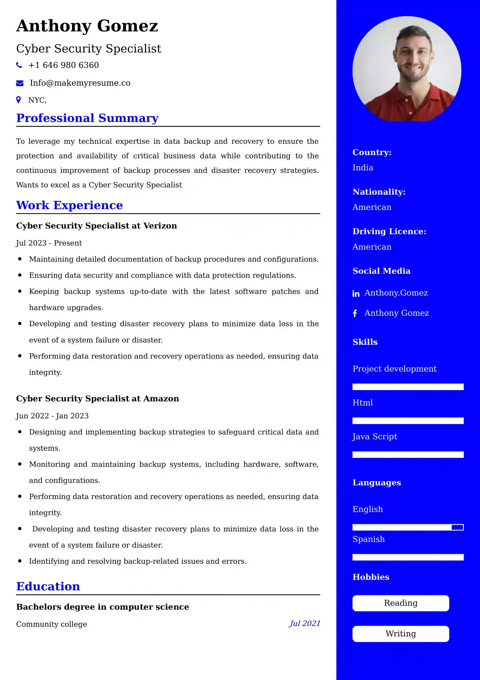 Cyber Security Specialist CV Examples - US Format