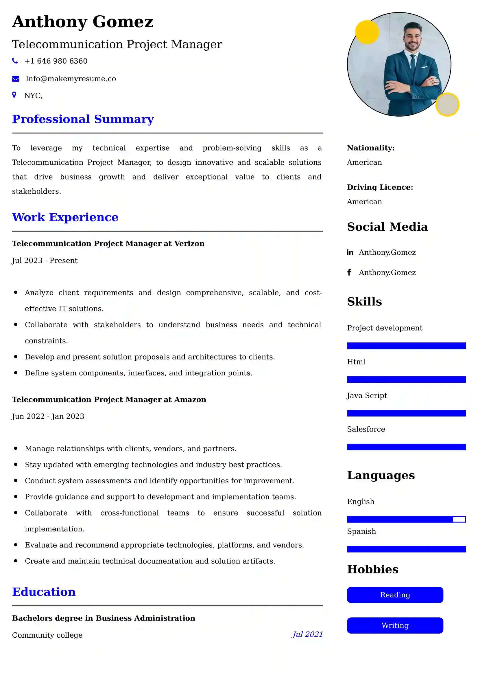 Telecommunication Project Manager CV Examples - US Format