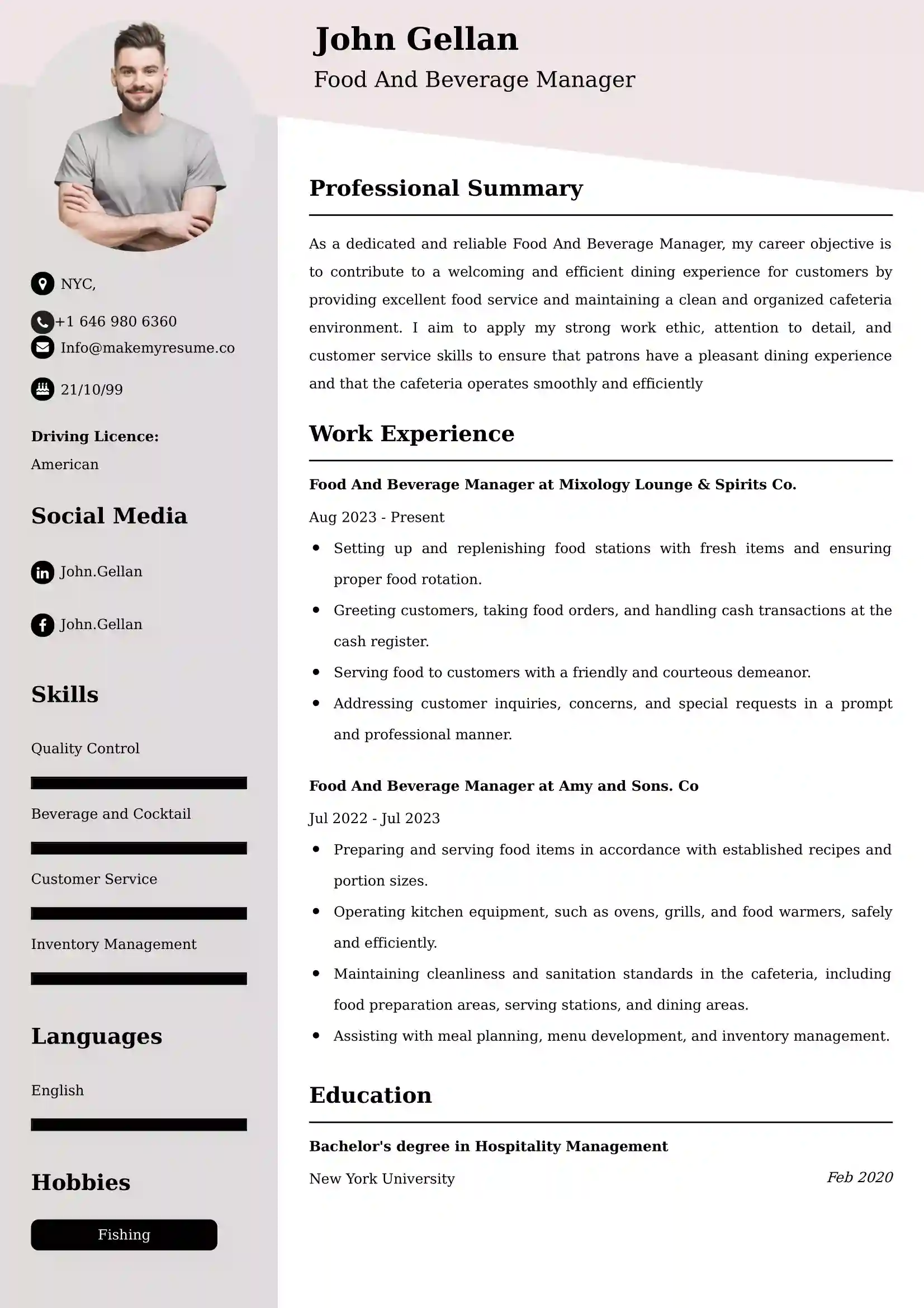 Food And Beverage Manager CV Examples - US Format