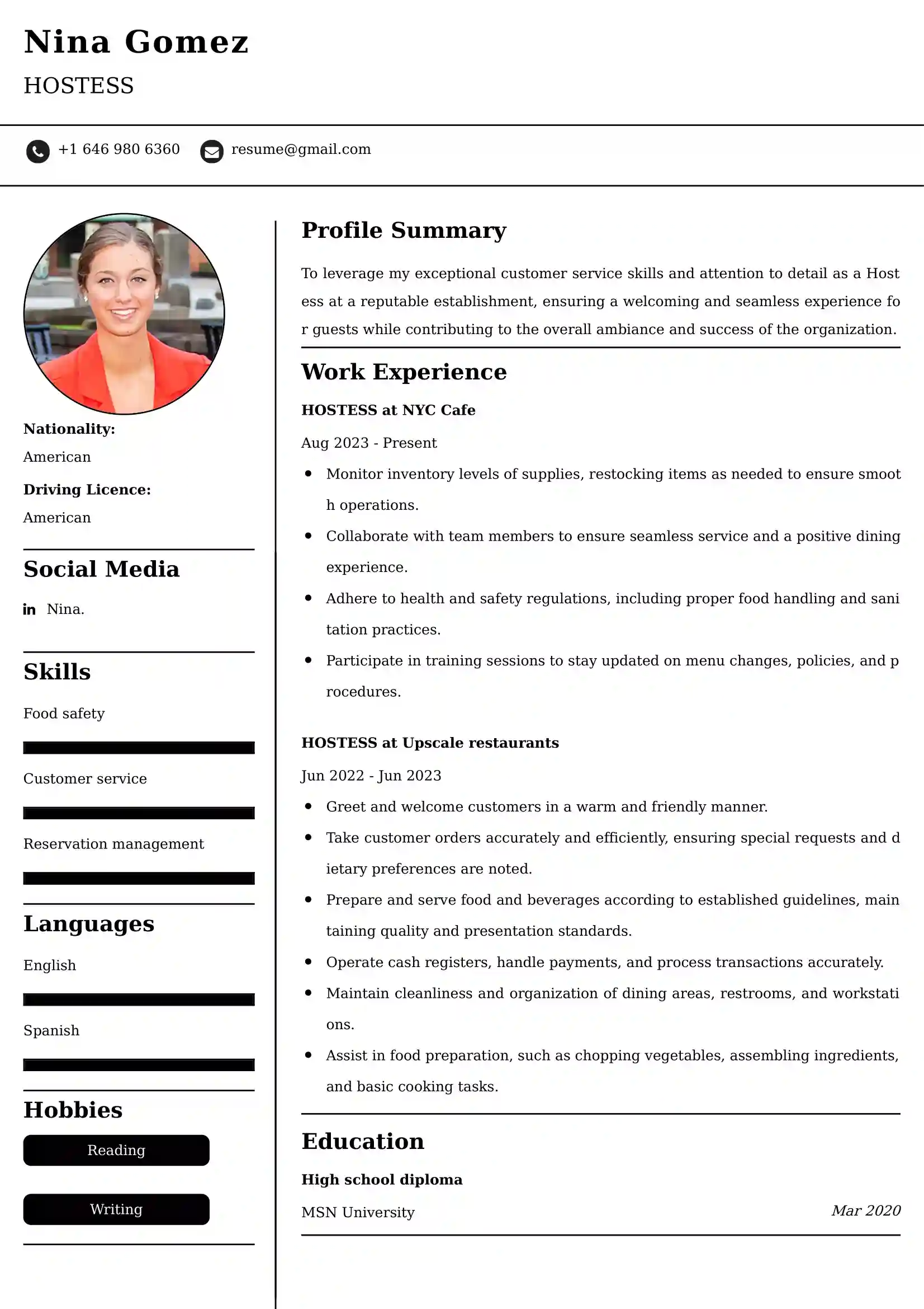 Hostess CV Examples - US Format