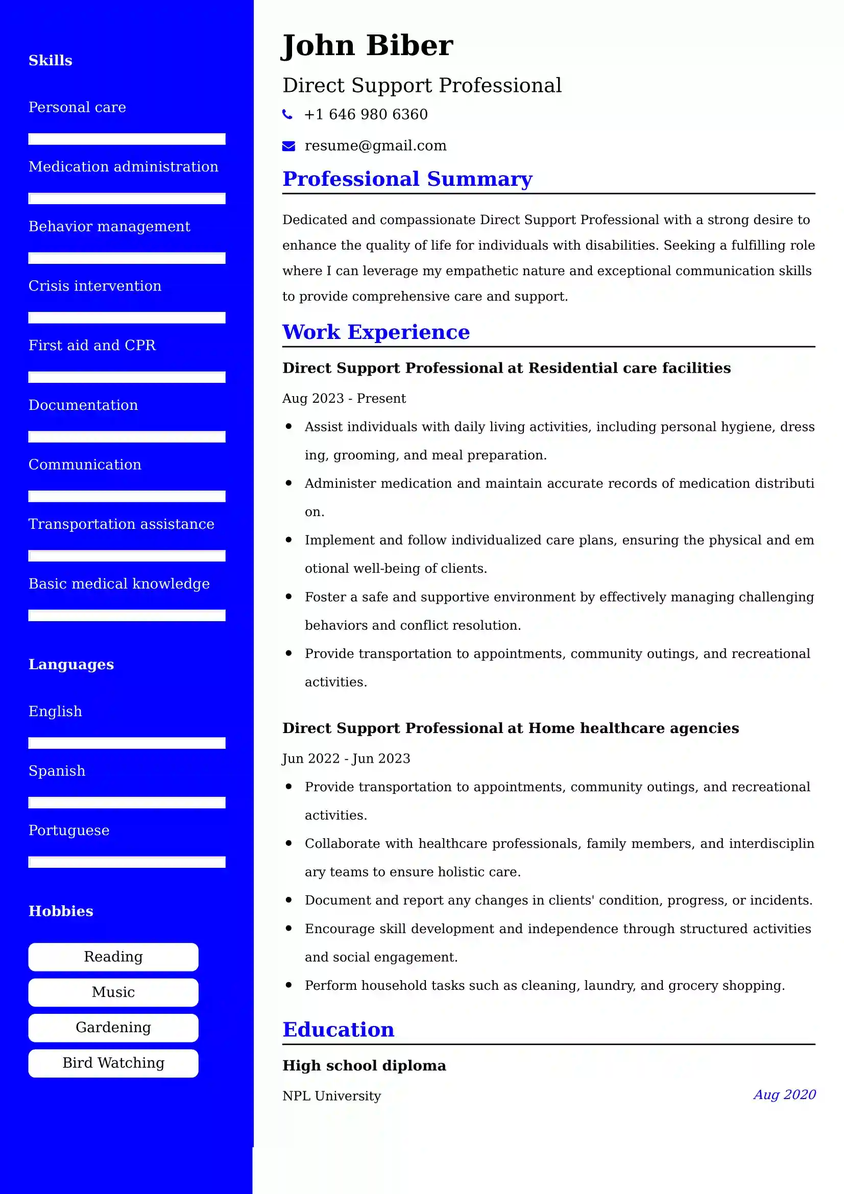 Direct Support Professional CV Examples - US Format