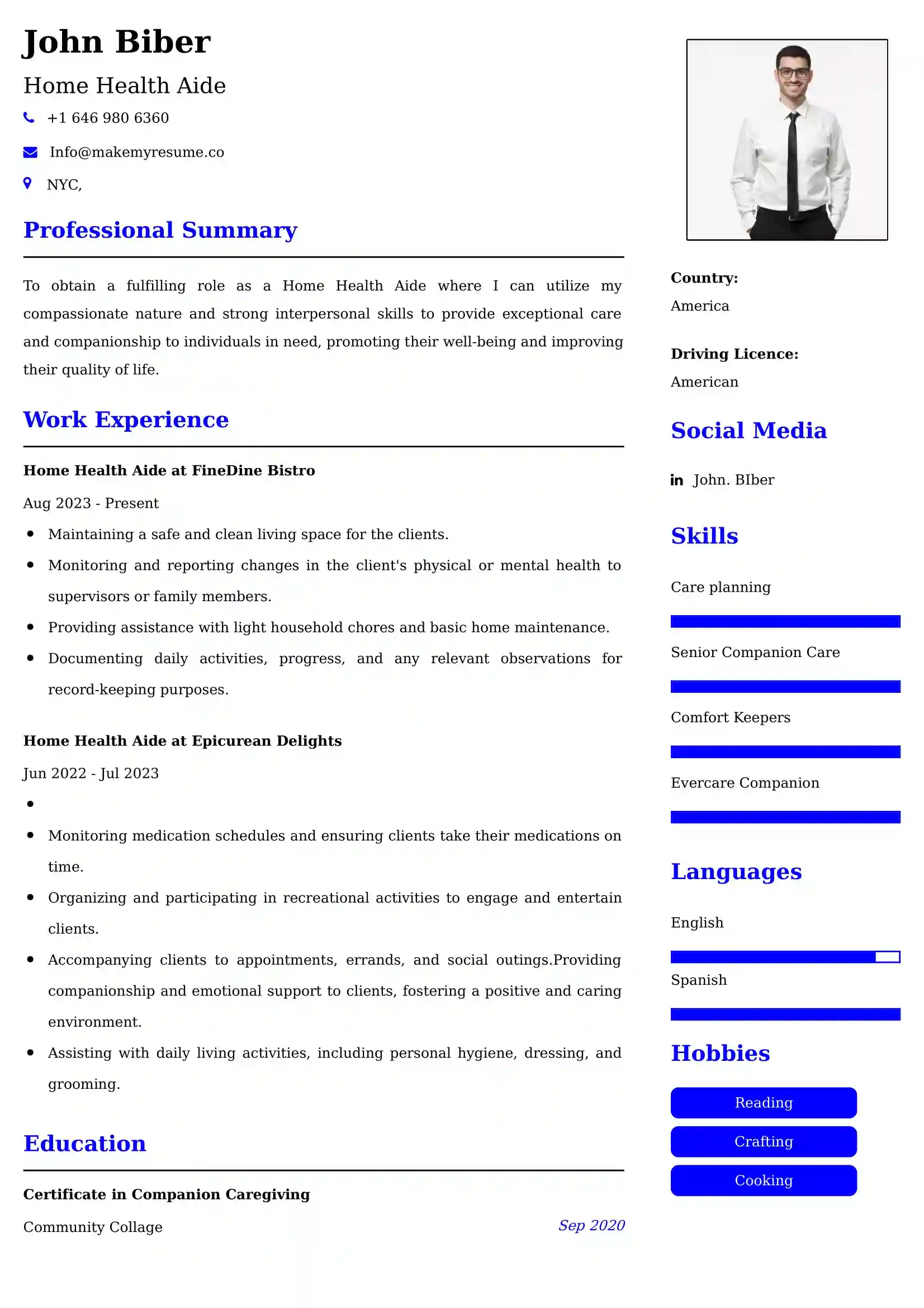 Home Health Aide CV Examples - US Format