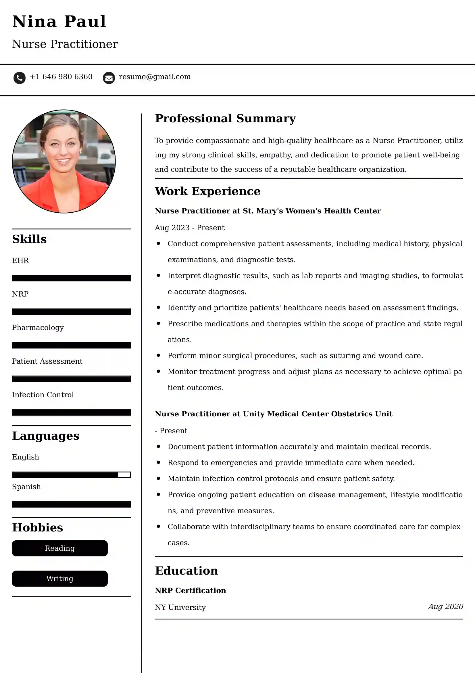 Nurse Practitioner CV Examples - US Format