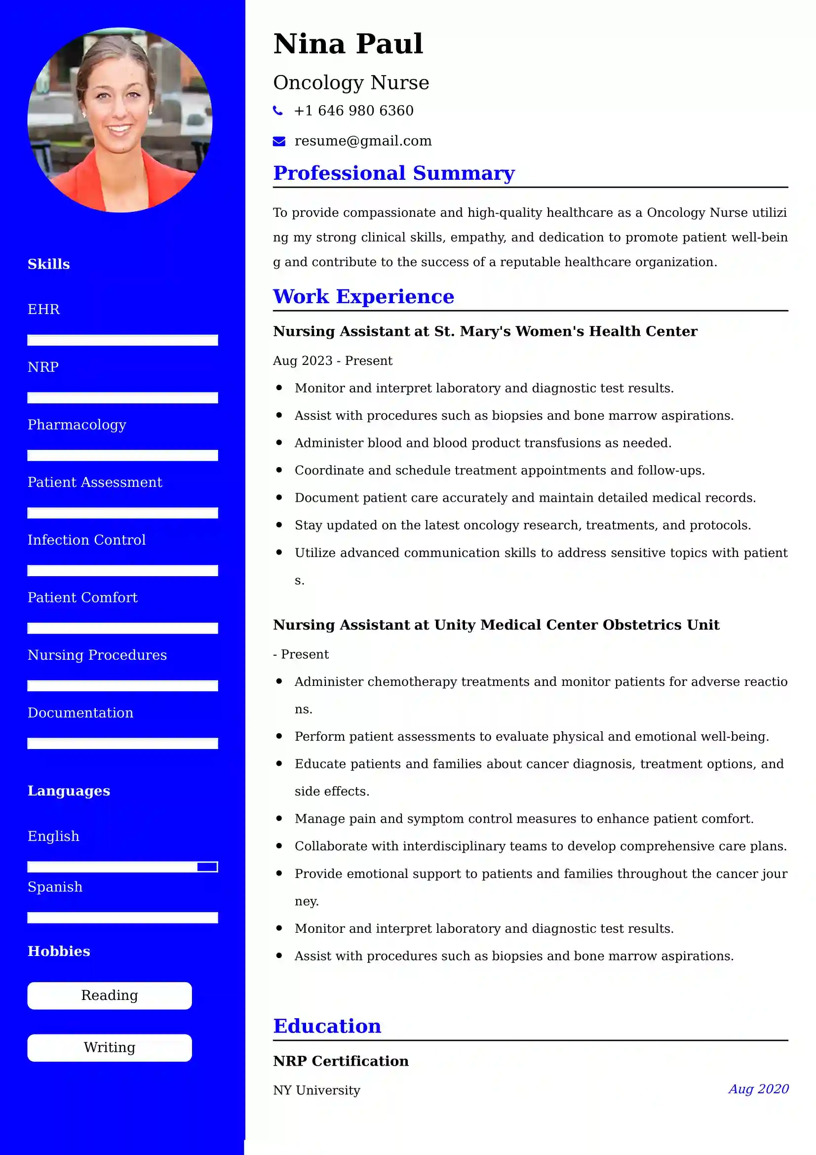 Oncology Nurse CV Examples - US Format
