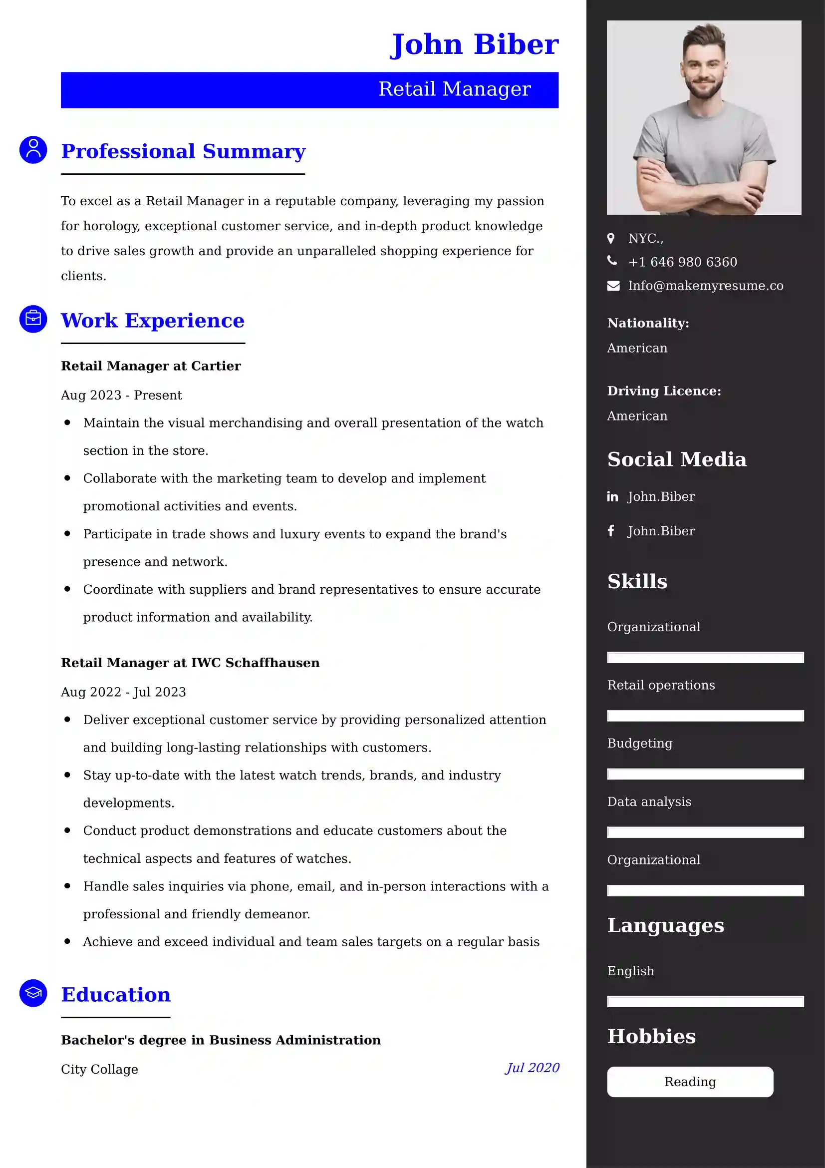 Retail Manager CV Examples - US Format