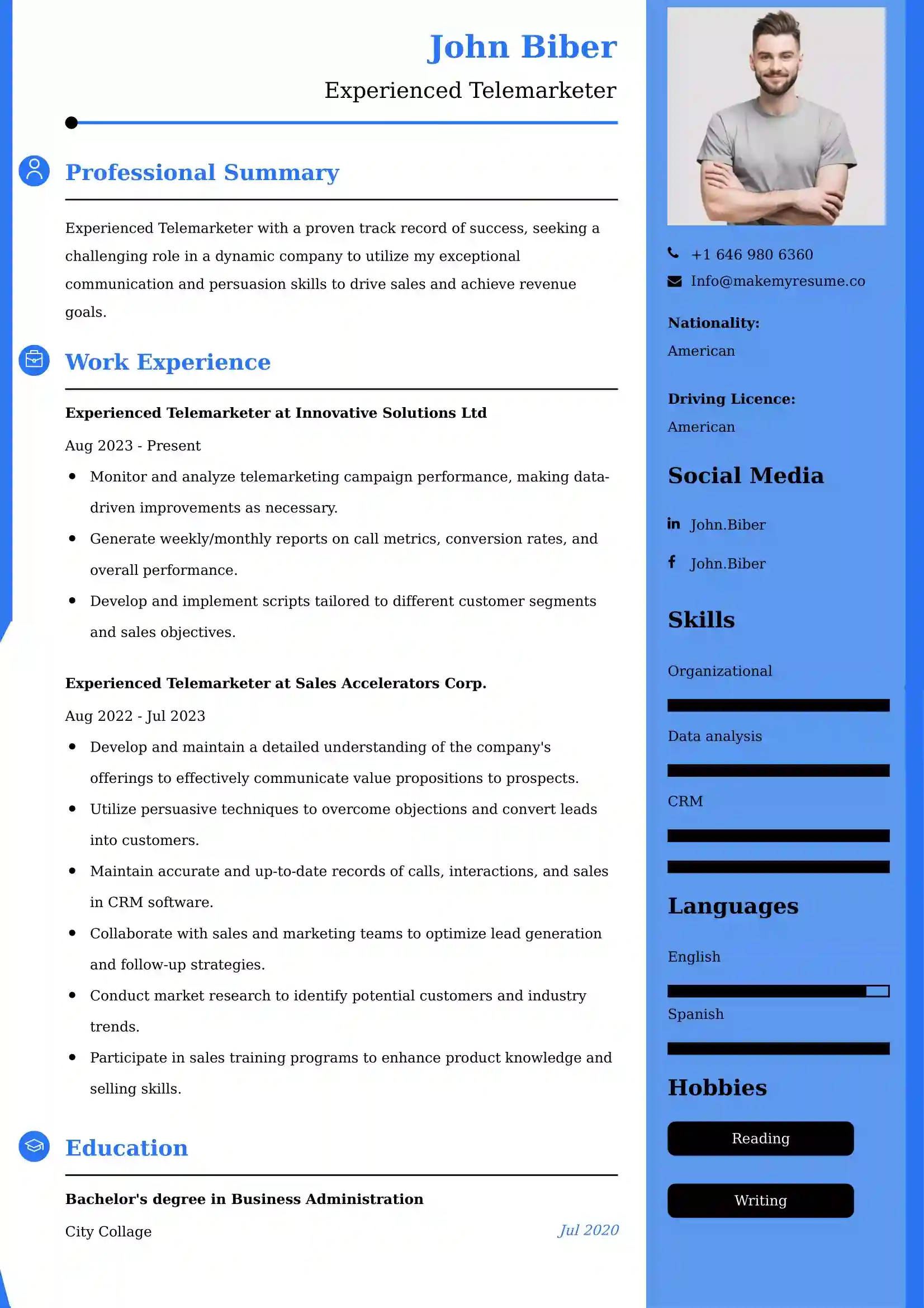 Experienced Telemarketer CV Examples - US Format