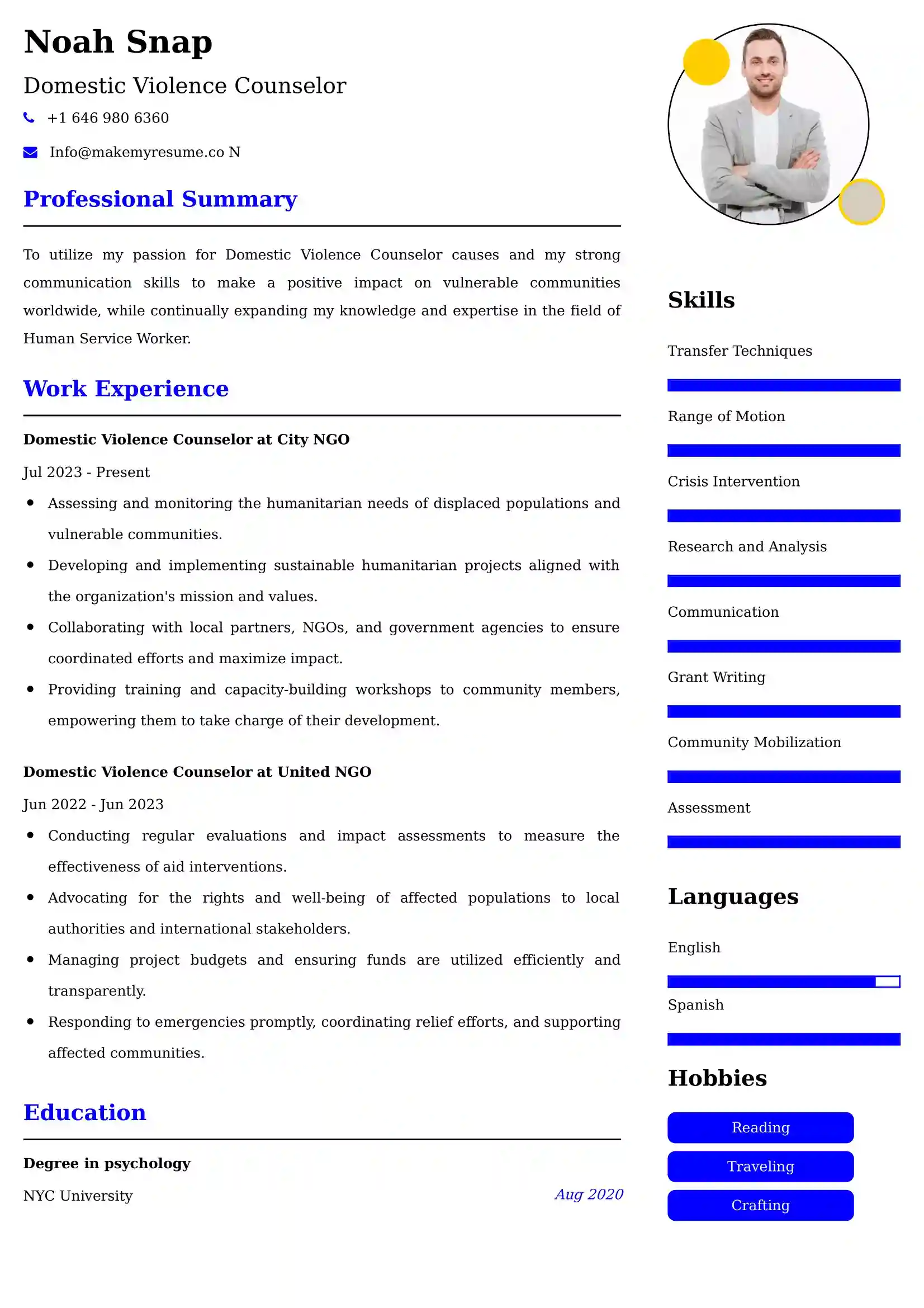 Domestic Violence Counselor CV Examples - US Format