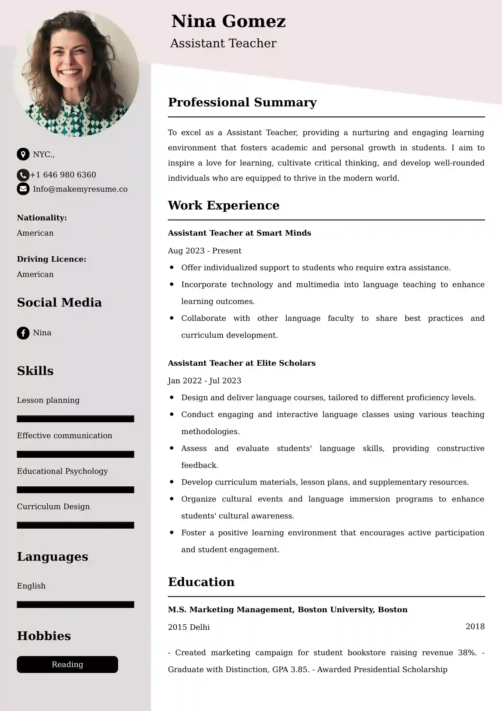 Assistant Teacher CV Examples - US Format