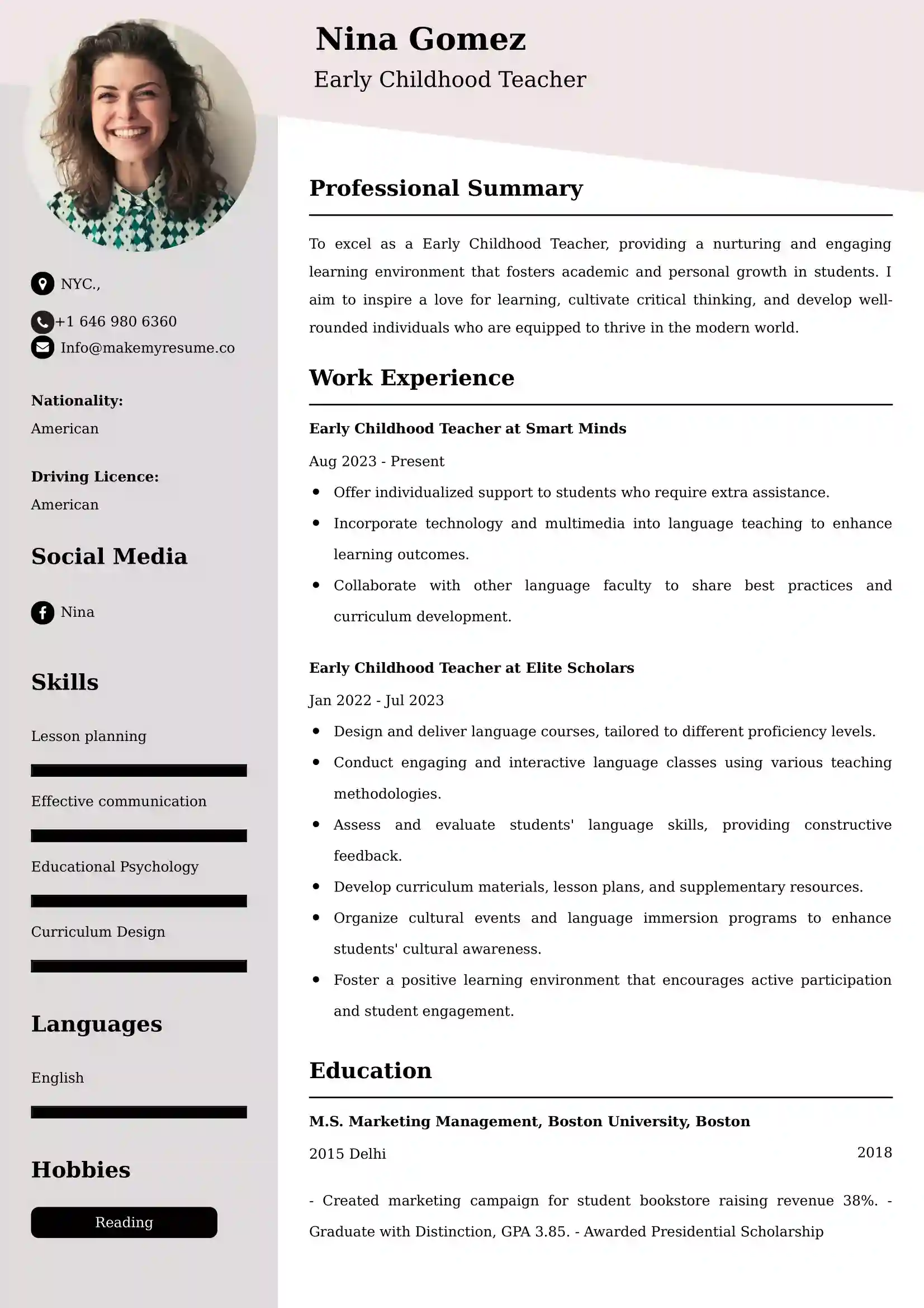 Early Childhood Teacher CV Examples - US Format