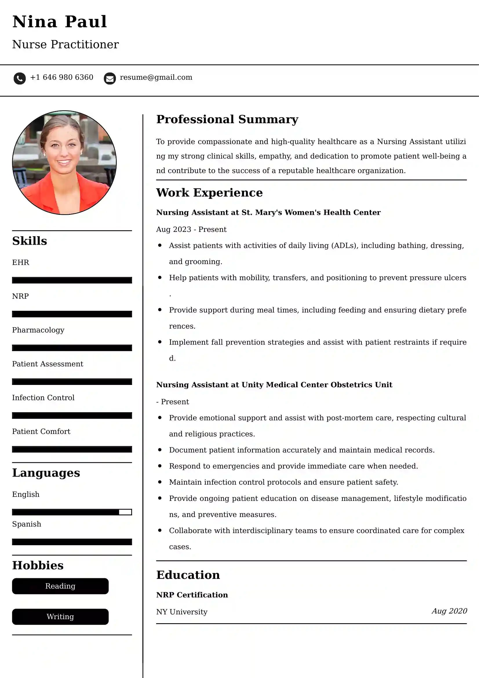 Nursing Assistant CV Examples - US Format
