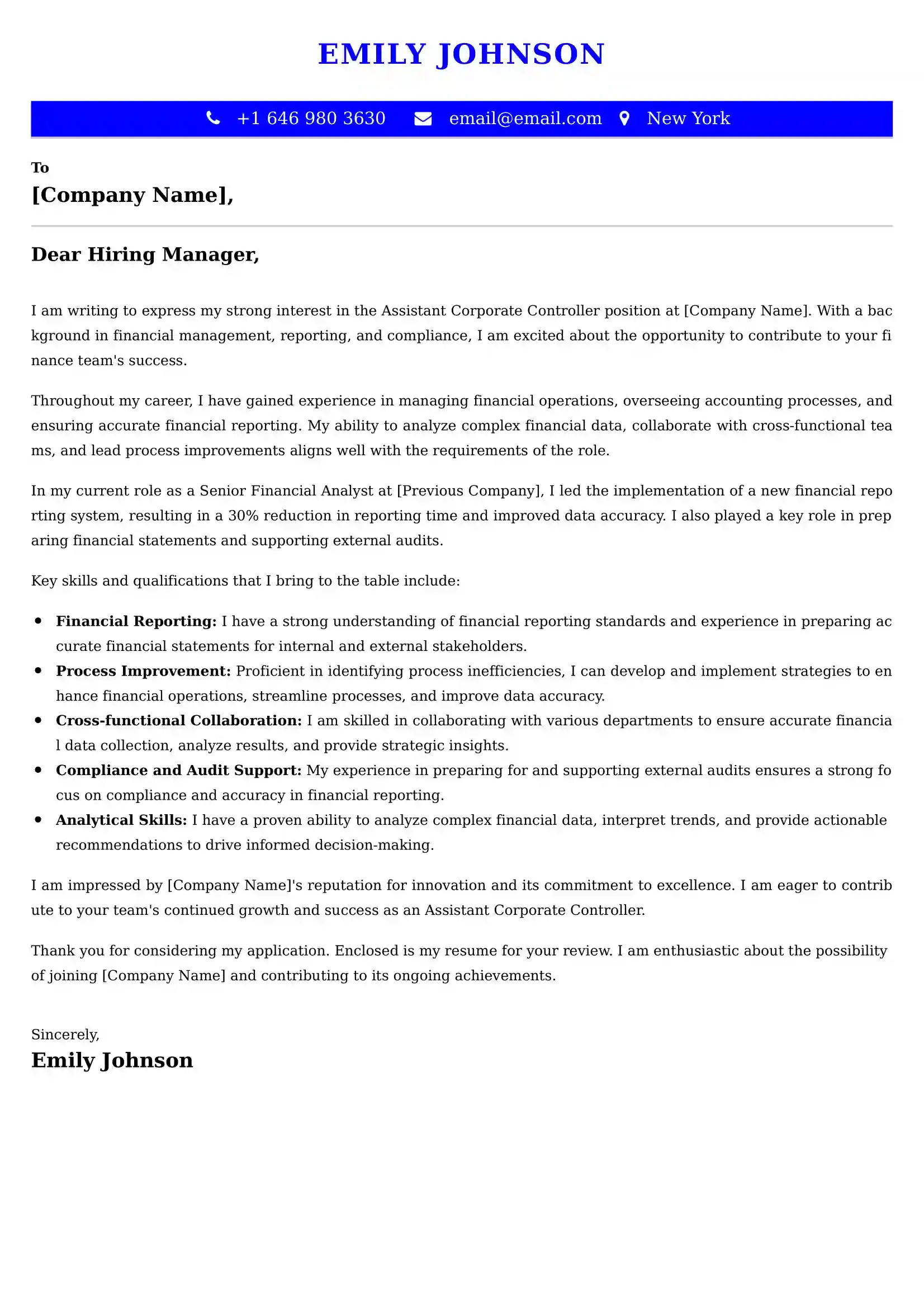 Assistant Corporate Controller Cover Letter Examples - US Format and Tips