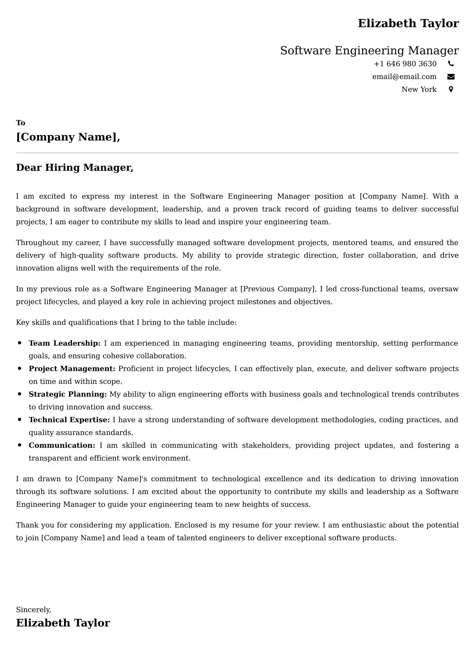 Software Engineering Manager Cover Letter Examples - US Format and Tips