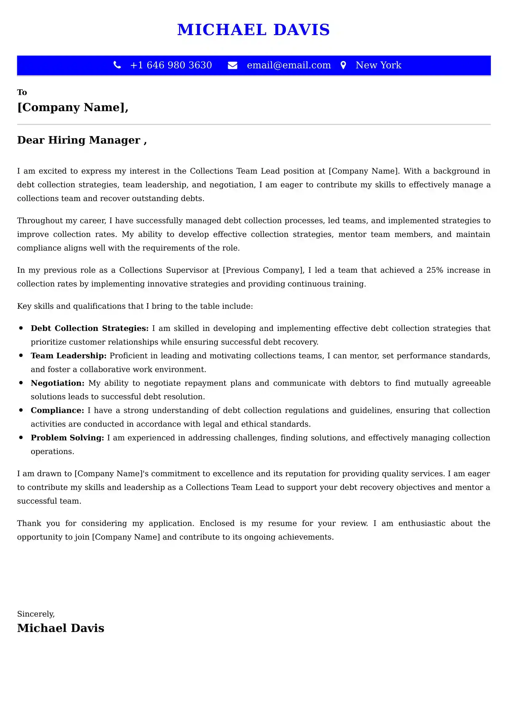 Collections Team Lead Cover Letter Examples - US Format and Tips