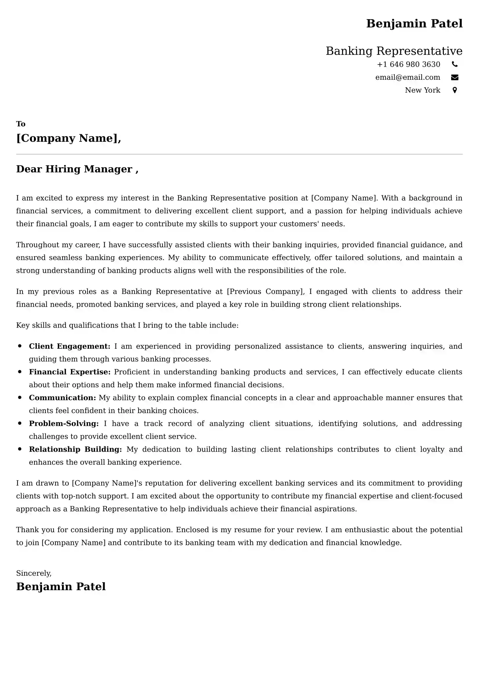 Banking Representative Cover Letter Examples - US Format and Tips