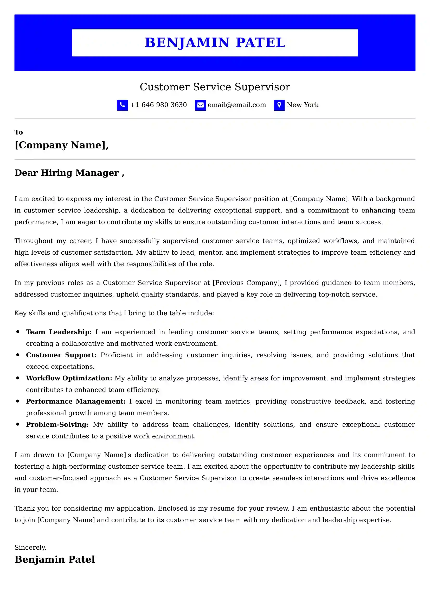Customer Service Supervisor Cover Letter Examples - US Format and Tips