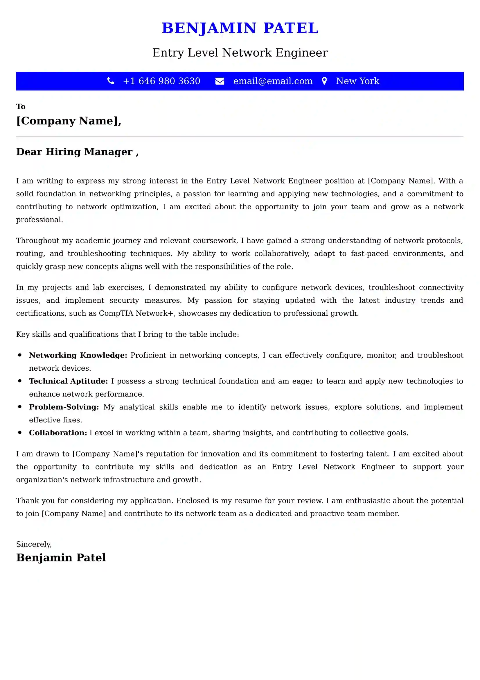 Entry Level Network Engineer Cover Letter Examples - US Format and Tips