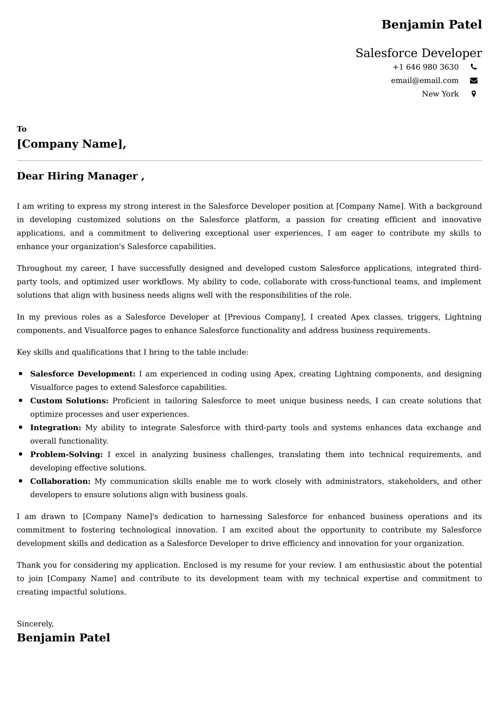 Salesforce Developer Cover Letter Examples - US Format and Tips