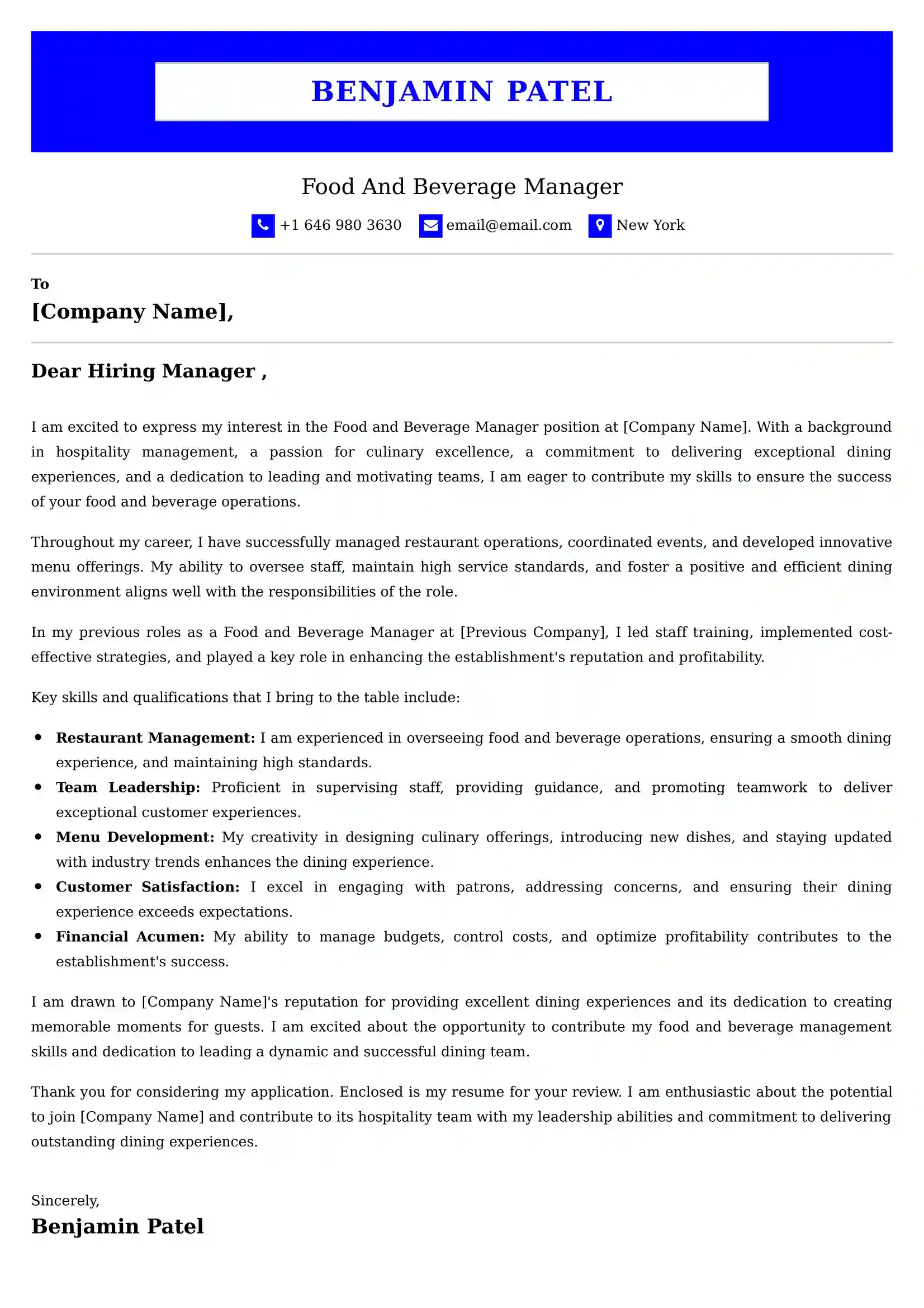 Food And Beverage Server Cover Letter Examples - US Format and Tips