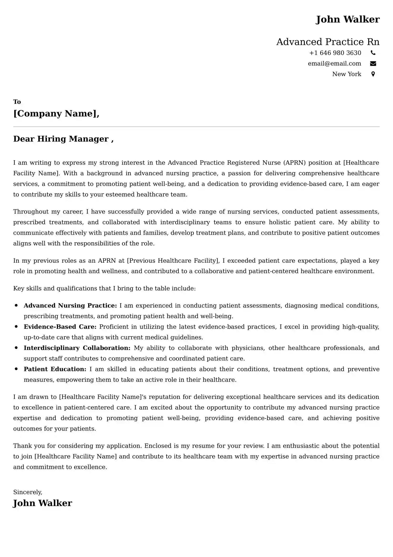 Advanced Practice Rn Cover Letter Examples - US Format and Tips