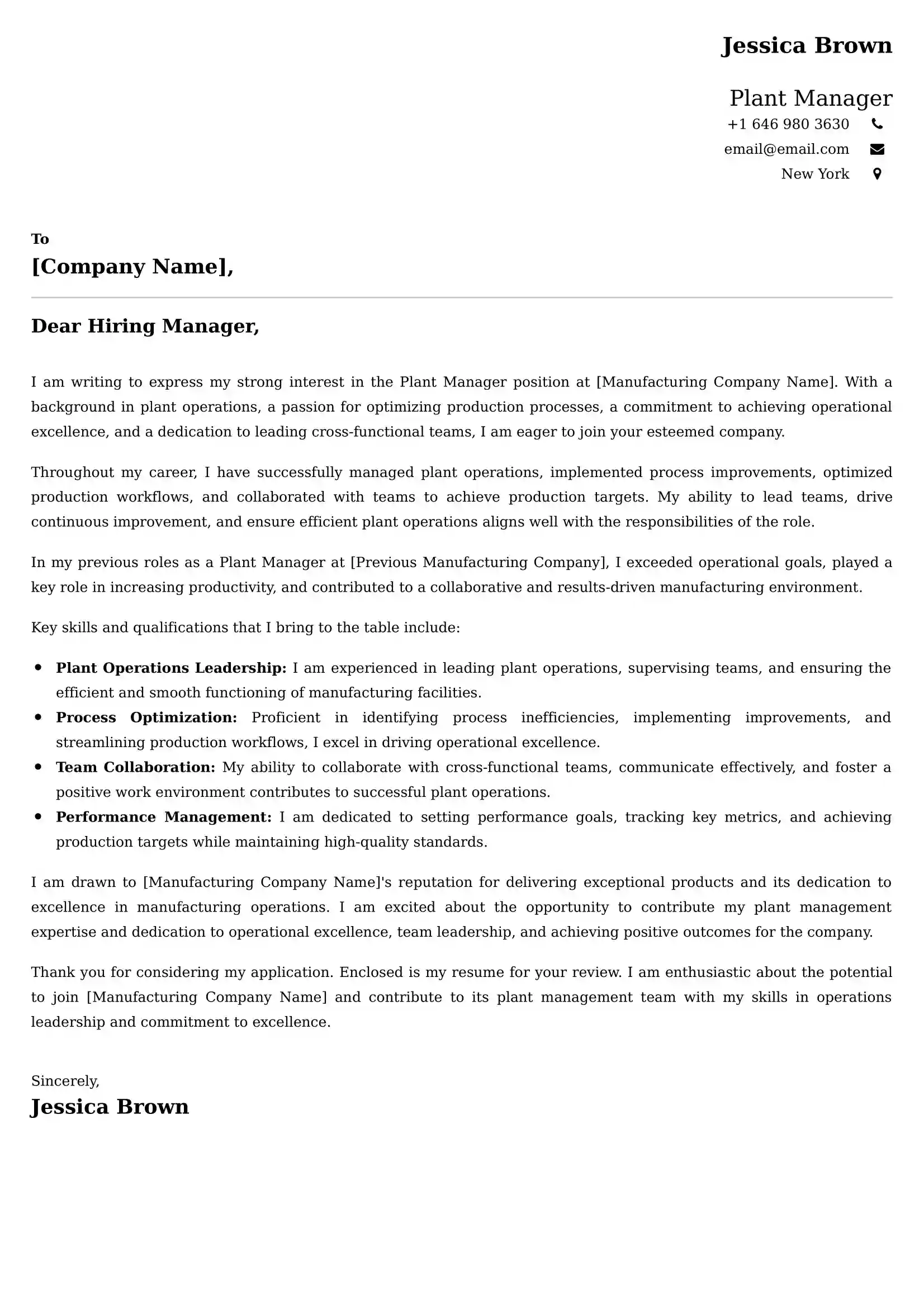 Plant Manager Cover Letter Examples - US Format and Tips