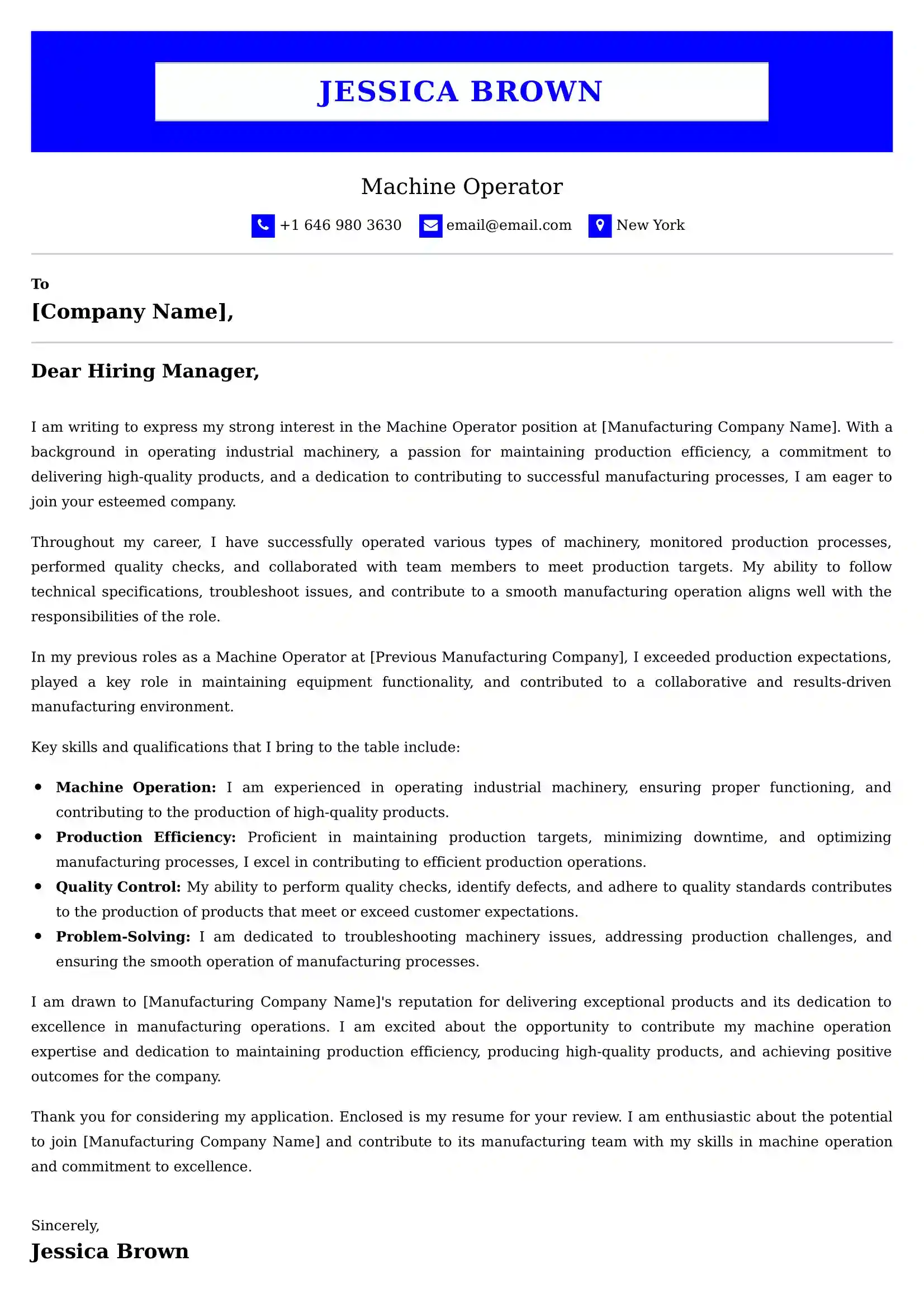 Machine Operator Cover Letter Examples - US Format and Tips